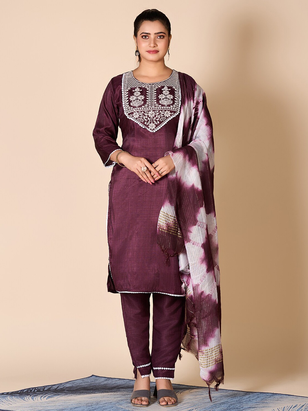 

A.V.M Prints Embroidered Round Neck Pure Silk Straight Kurta Set, Coffee brown