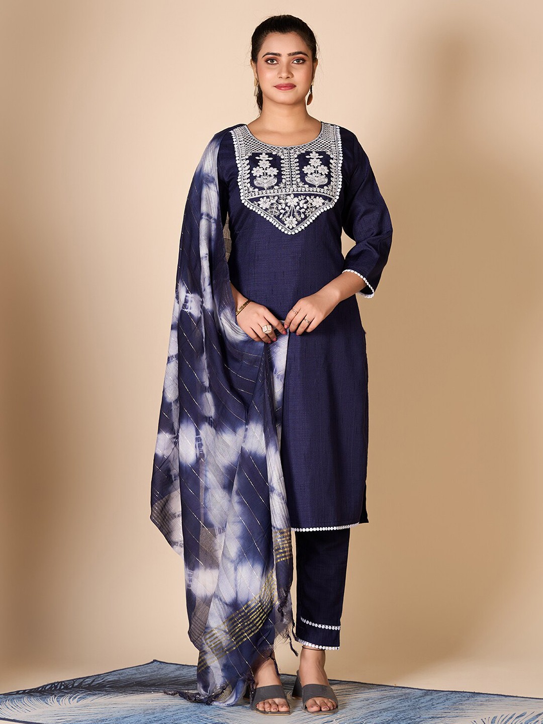 

A.V.M Prints Floral Embroidered Pure Silk Straight Kurta With Trousers & Dupatta, Blue