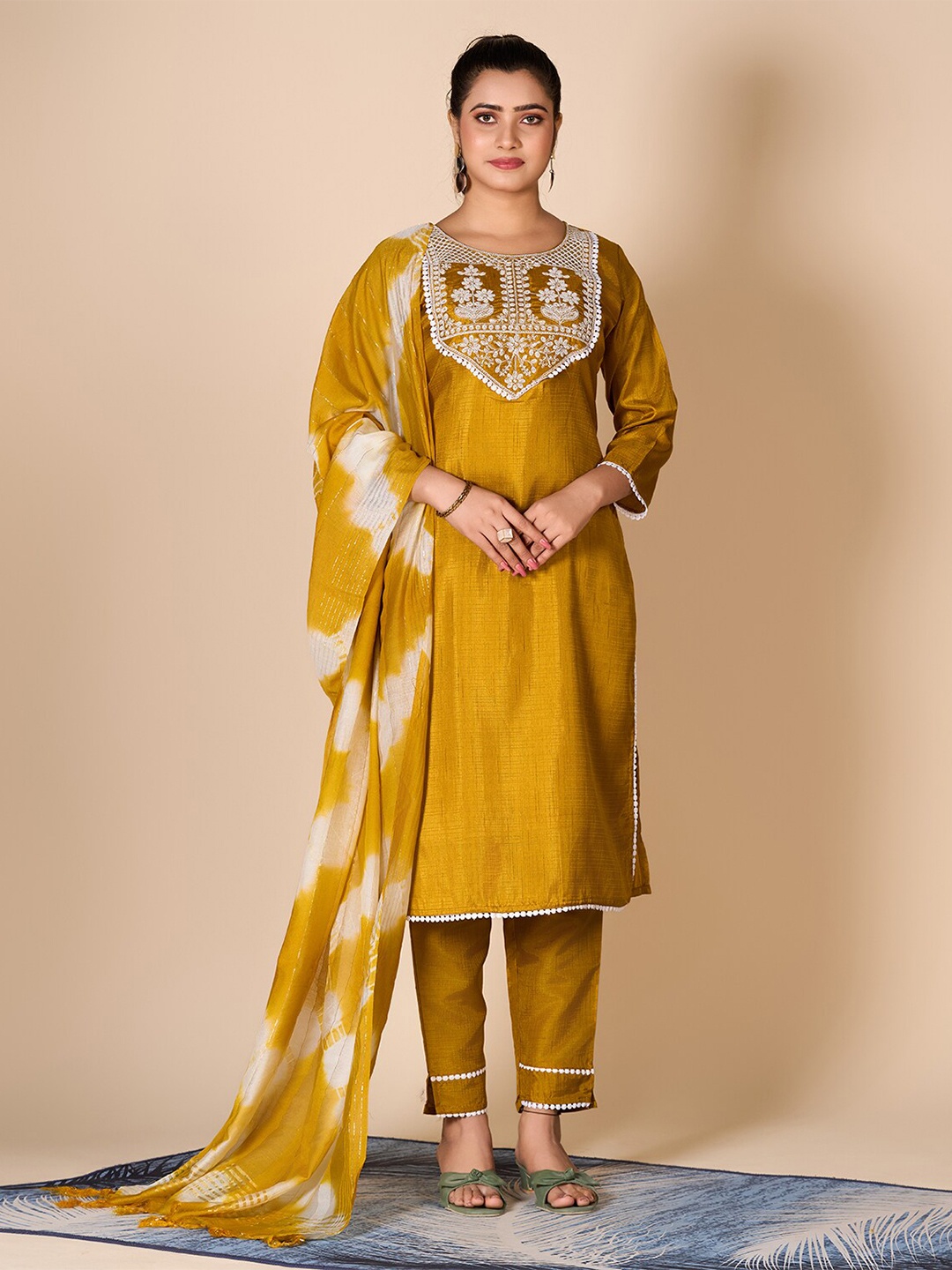 

A.V.M Prints Floral Embroidered Pure Silk Straight Kurta With Trousers & Dupatta, Mustard