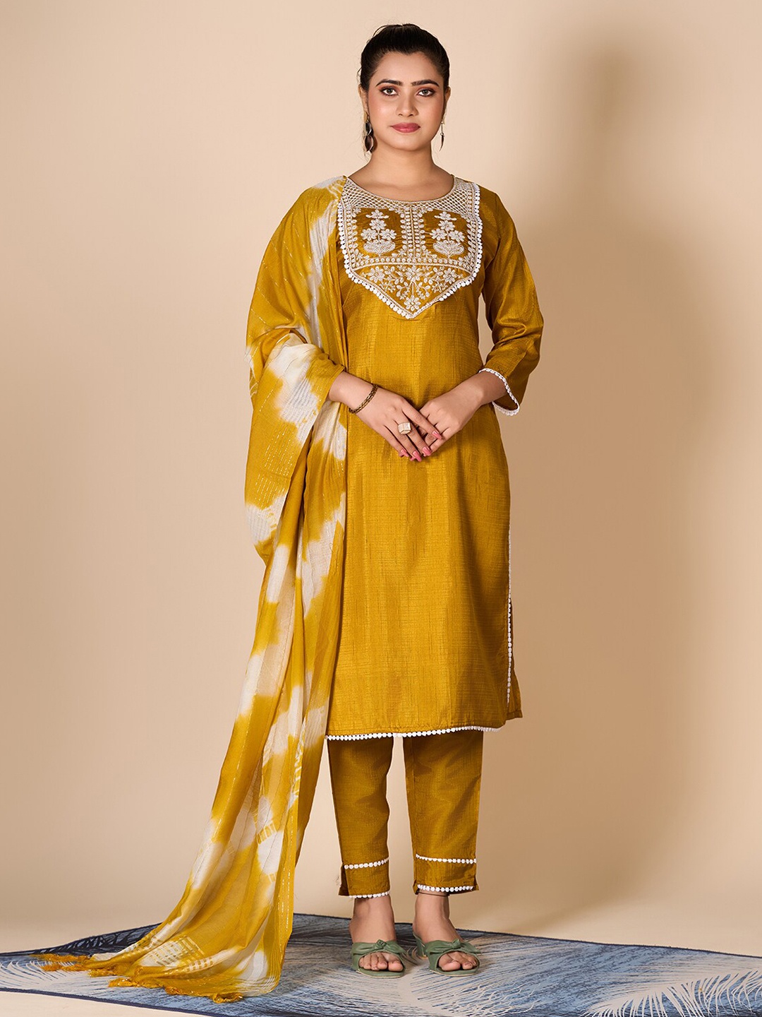 

A.V.M Prints Embroidered Round Neck Regular Sleeves Pure Silk Straight Kurta Set, Mustard