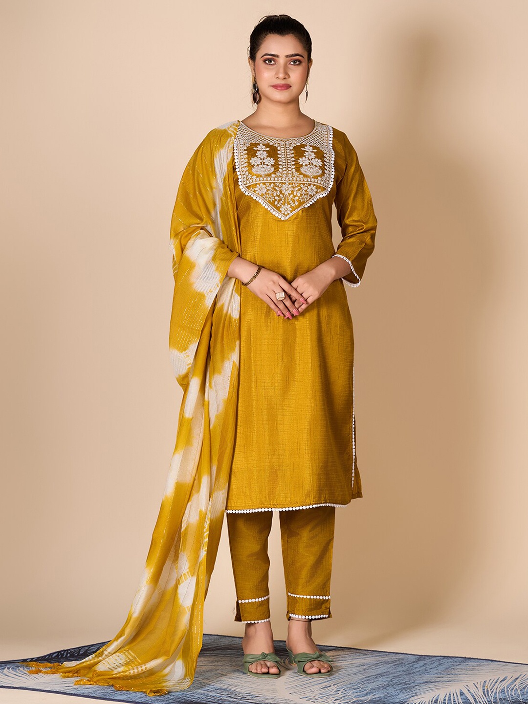 

A.V.M Prints Floral Embroidered Pure Silk Straight Kurta With Trousers & Dupatta, Mustard