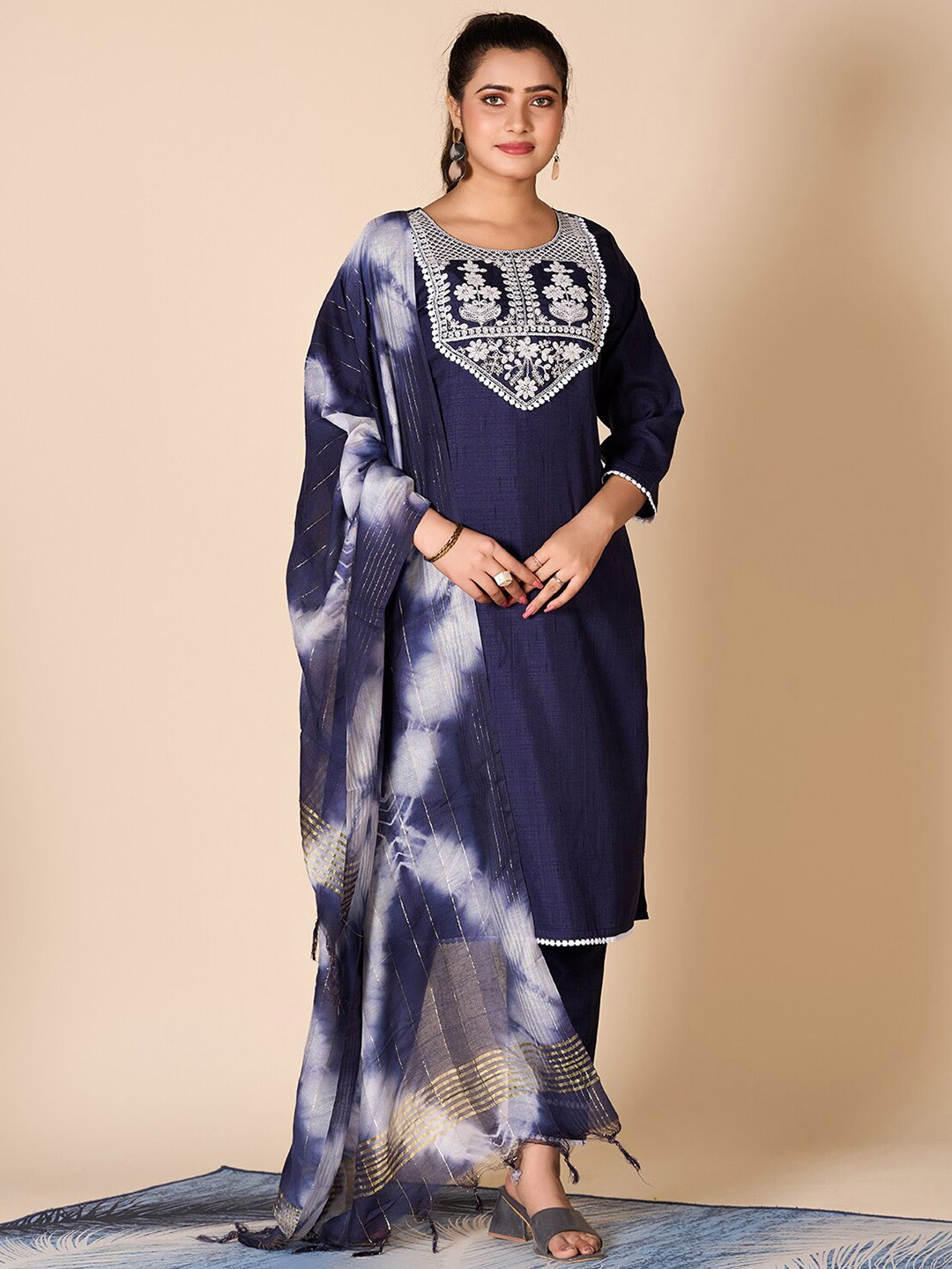 

A.V.M Prints Embroidered Round Neck Regular Sleeves Pure Silk Straight Kurta Set, Blue