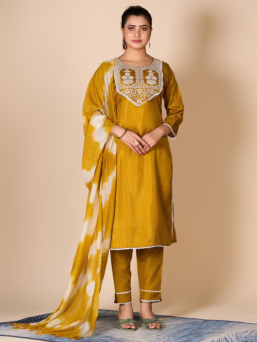 

A.V.M Prints Embroidered Round Neck Pure Silk Straight Kurta Set, Mustard