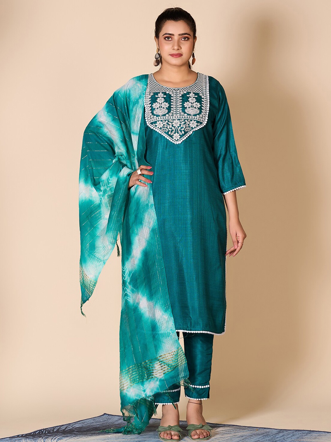 

A.V.M Prints Embroidered Round Neck Regular Sleeves Pure Silk Straight Kurta Set, Turquoise blue