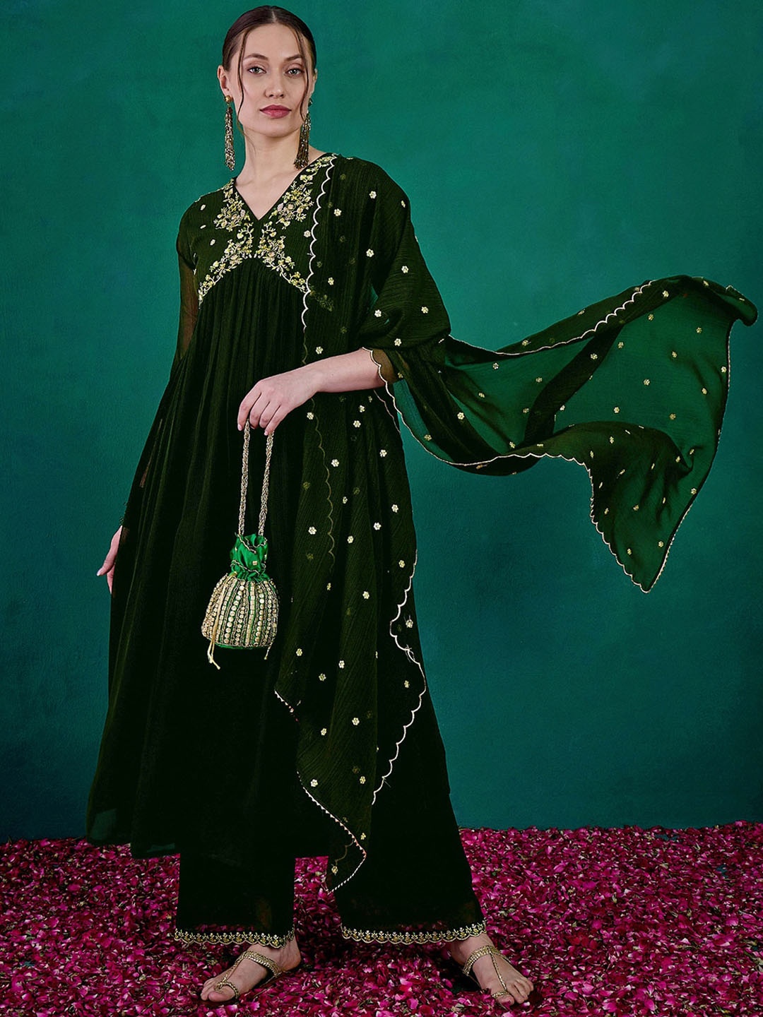 

Sangria Floral Embroidered Zari & Sequinned A-Line Kurta With Palazzo & Dupatta, Green