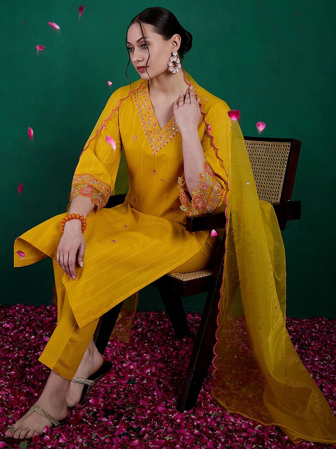 

Sangria Zari & Sequence Embroidered V-Neck Kurta With Trousers & Dupatta, Mustard