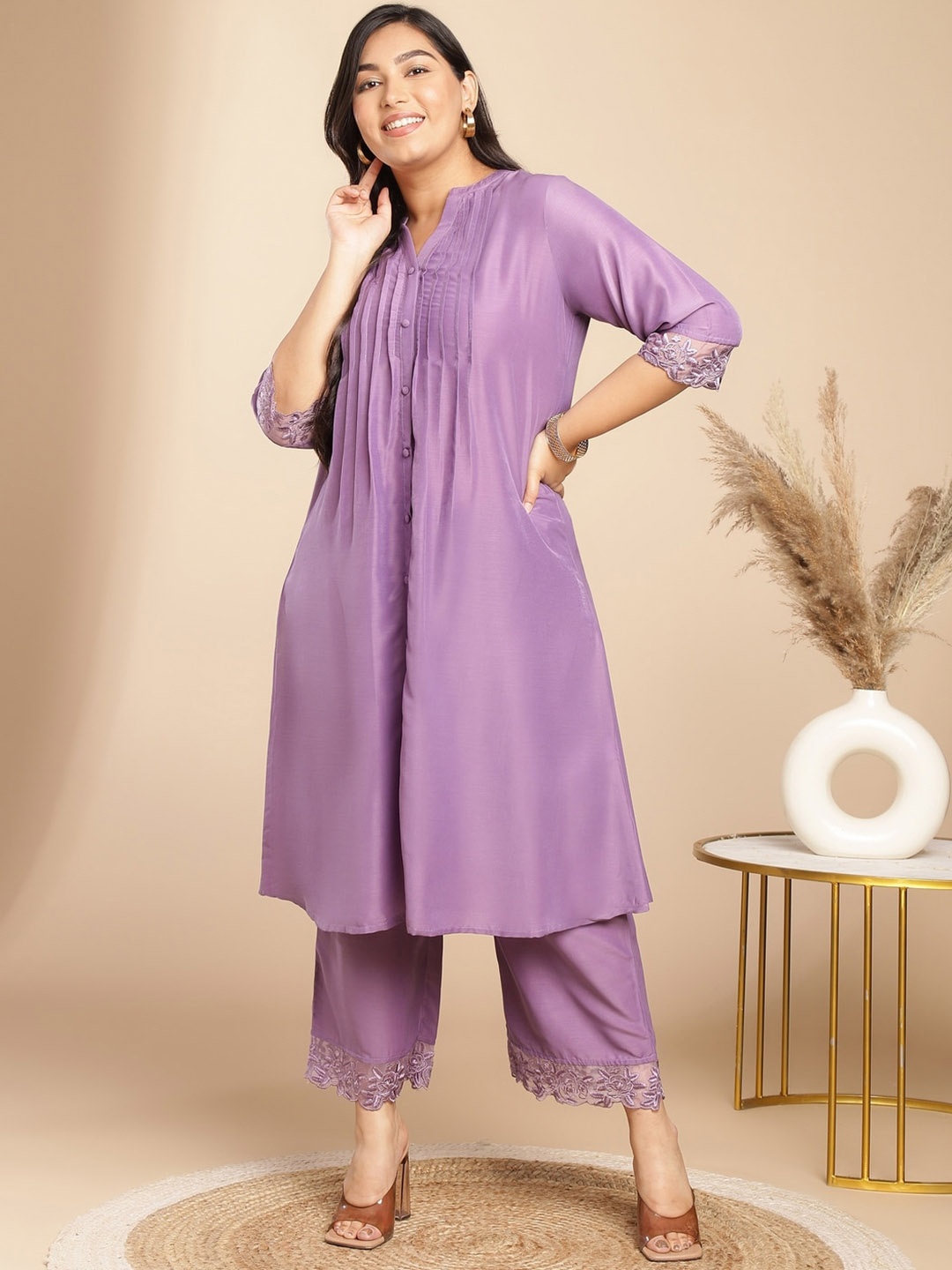 

Janasya Plus Size Pleated V-Neck Kurta with Palazzos, Lavender