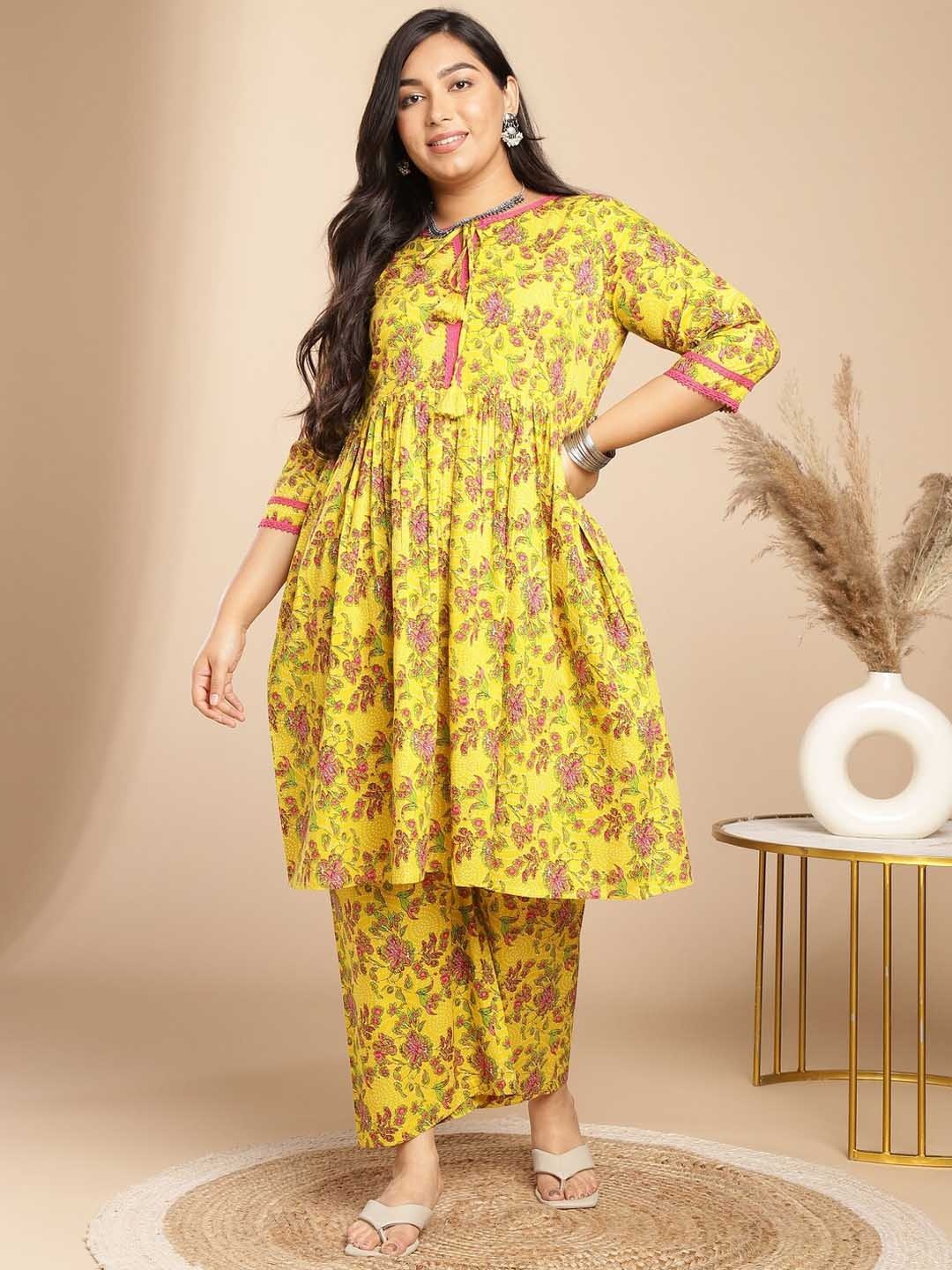 

Janasya Plus Size Floral Printed Pleated Pure Cotton Kurta with Palazzos, Yellow
