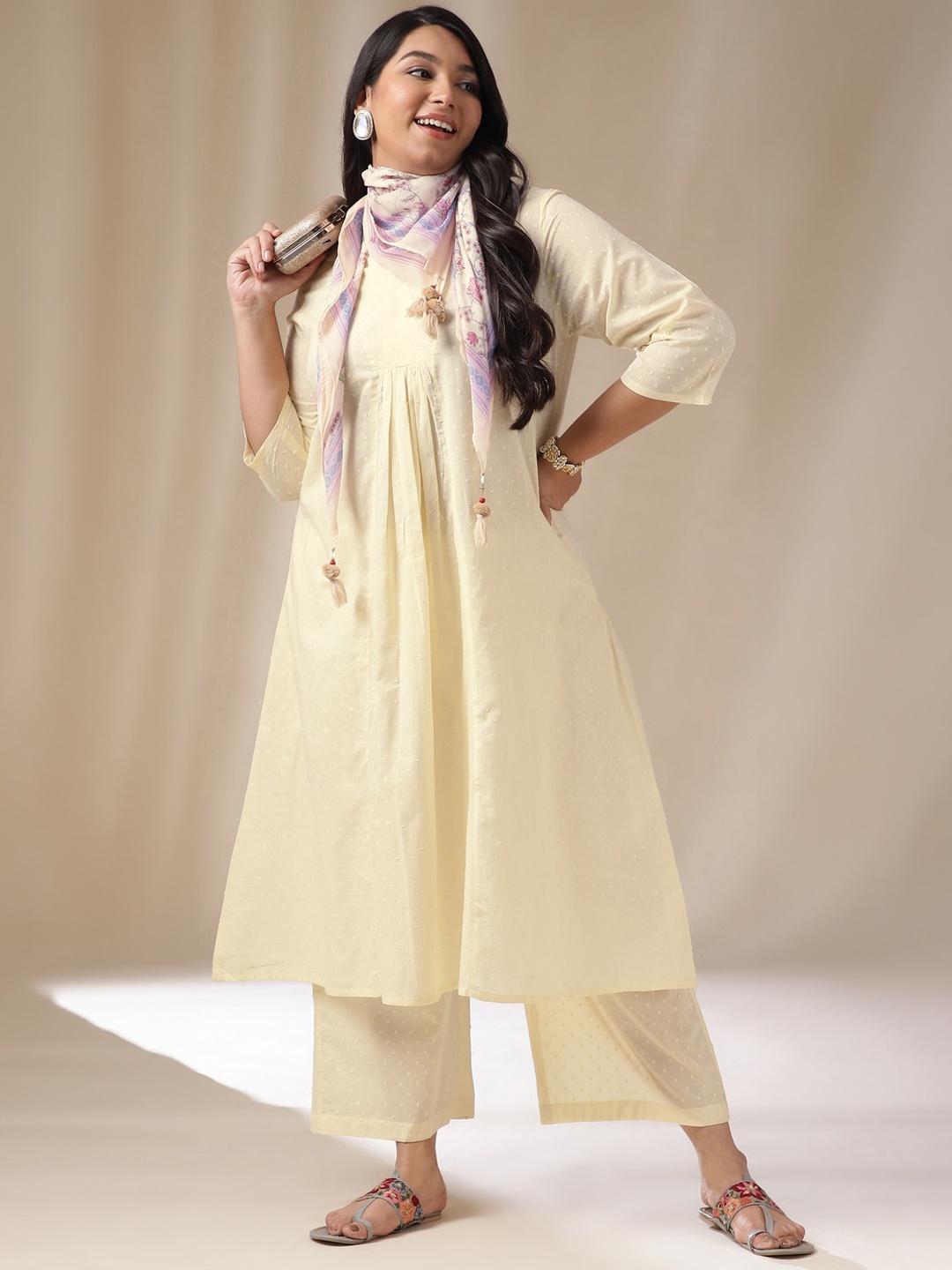 

Janasya Regular Plus Size Pure Cotton Kurta with Palazzos With Scarf, Cream