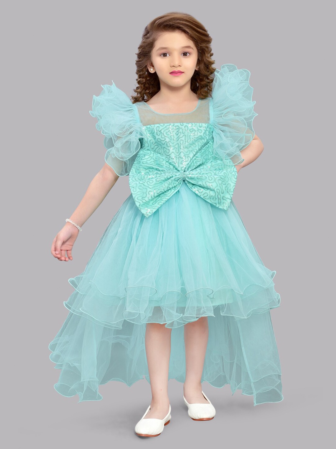 

Pink Chick Flutter Sleeves Bow Net Fit & Flare Dress, Sea green
