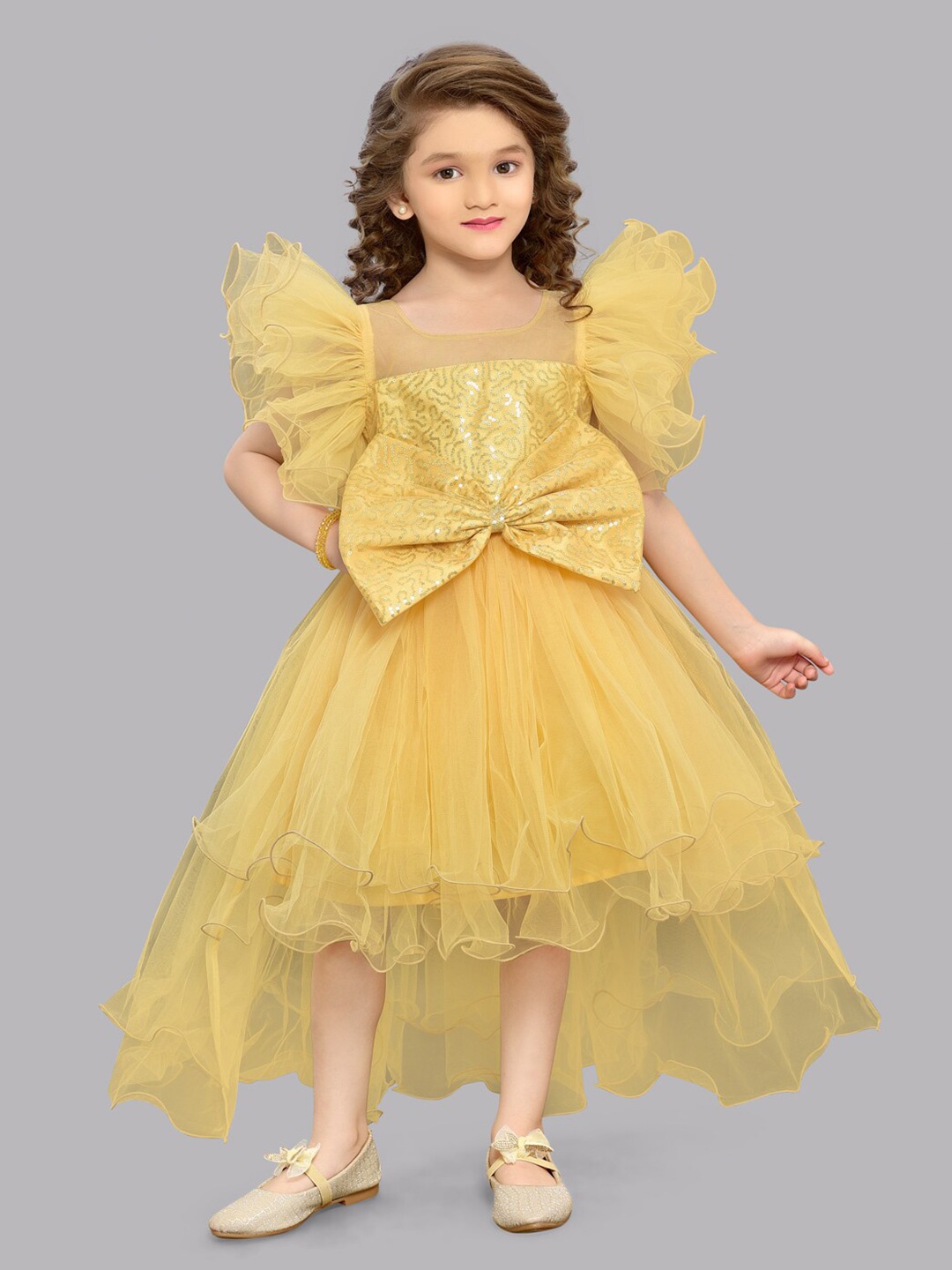 

Pink Chick Flutter Sleeves Bow Net Fit & Flare Dress, Gold