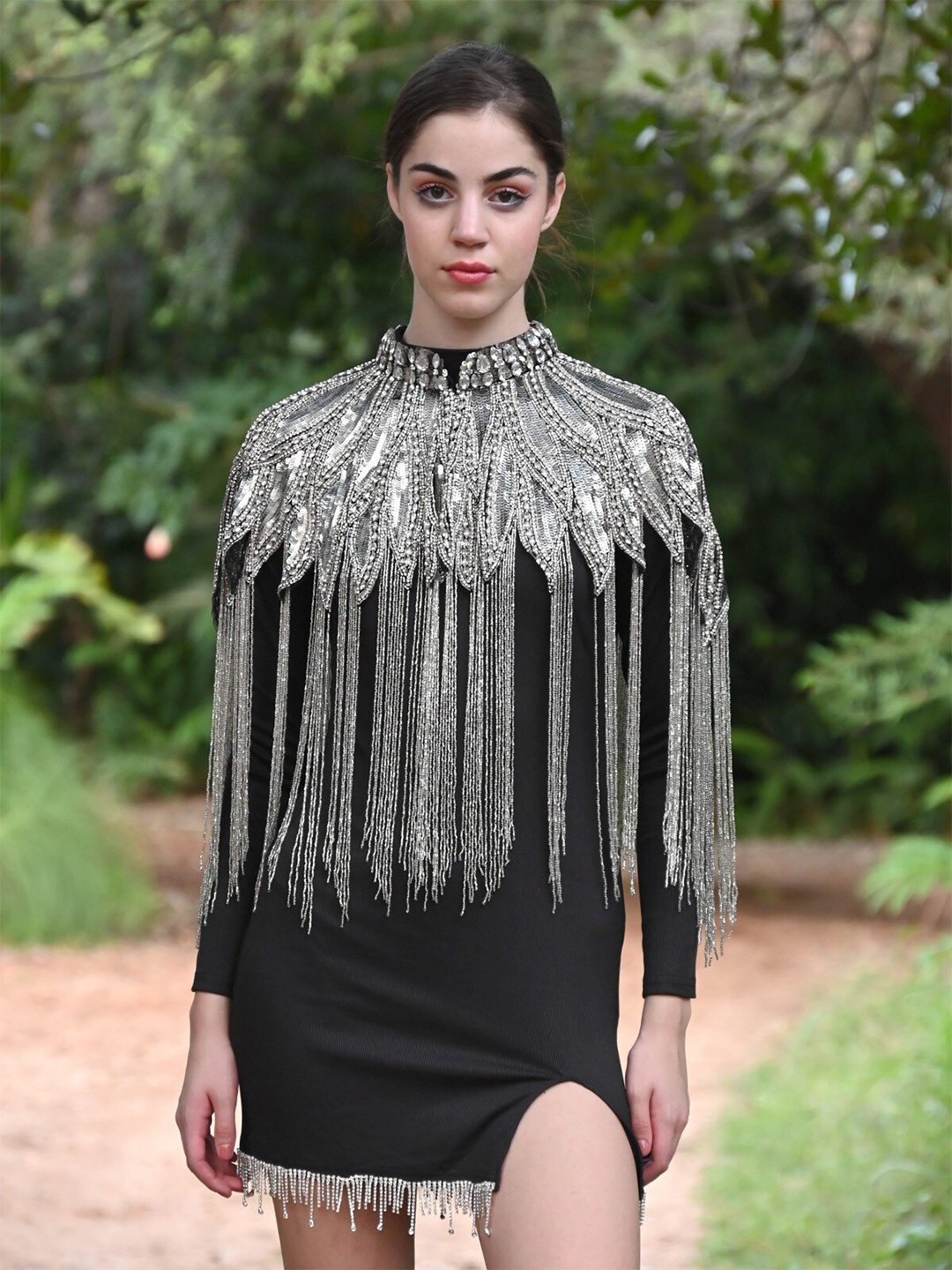 

ODETTE Embellished High Neck Acrylic Cape Top, Grey