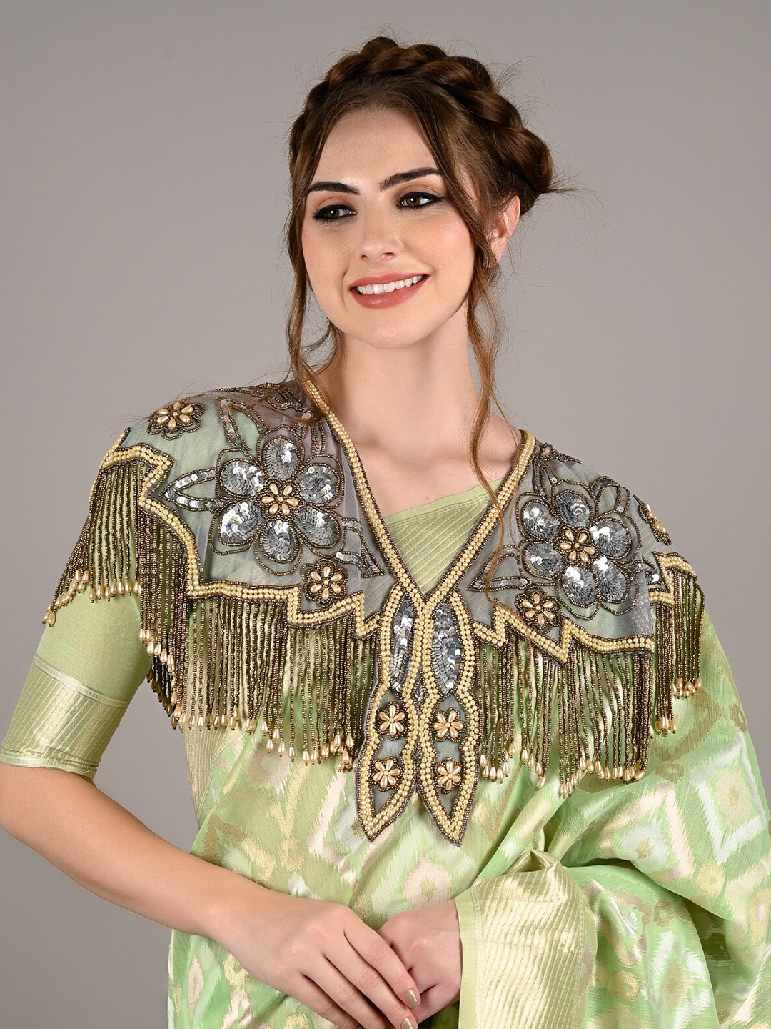 

ODETTE Women Acrylic Party Embellished Crop Sheer Shrug, Grey