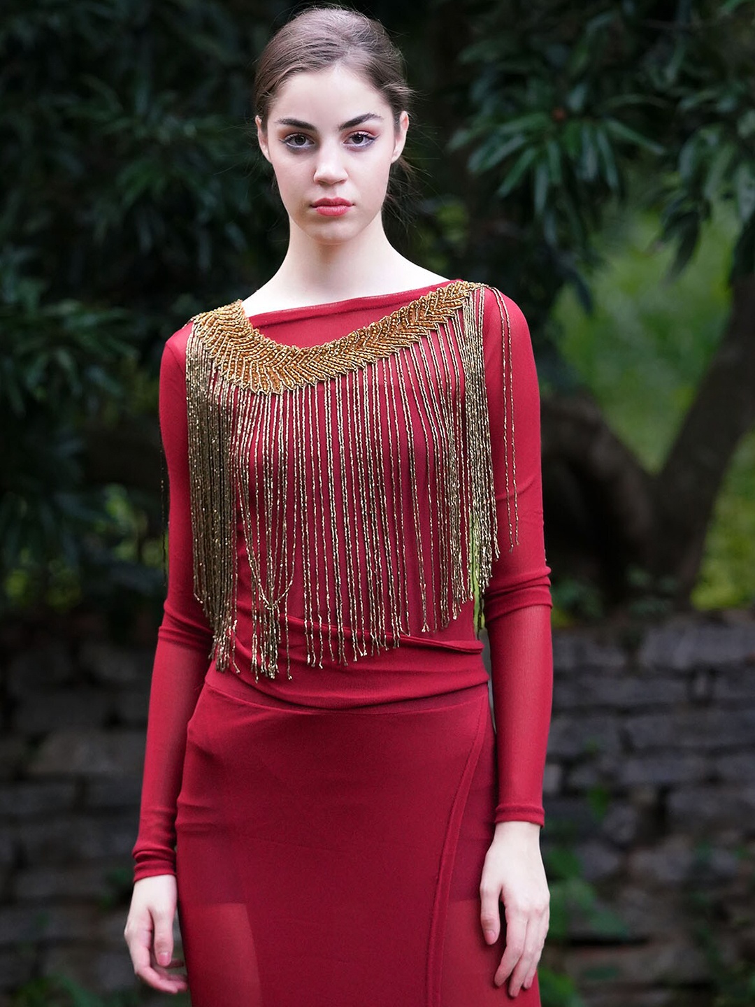 

ODETTE Tasselled Acrylic Party Crop Waterfall Shrug, Bronze