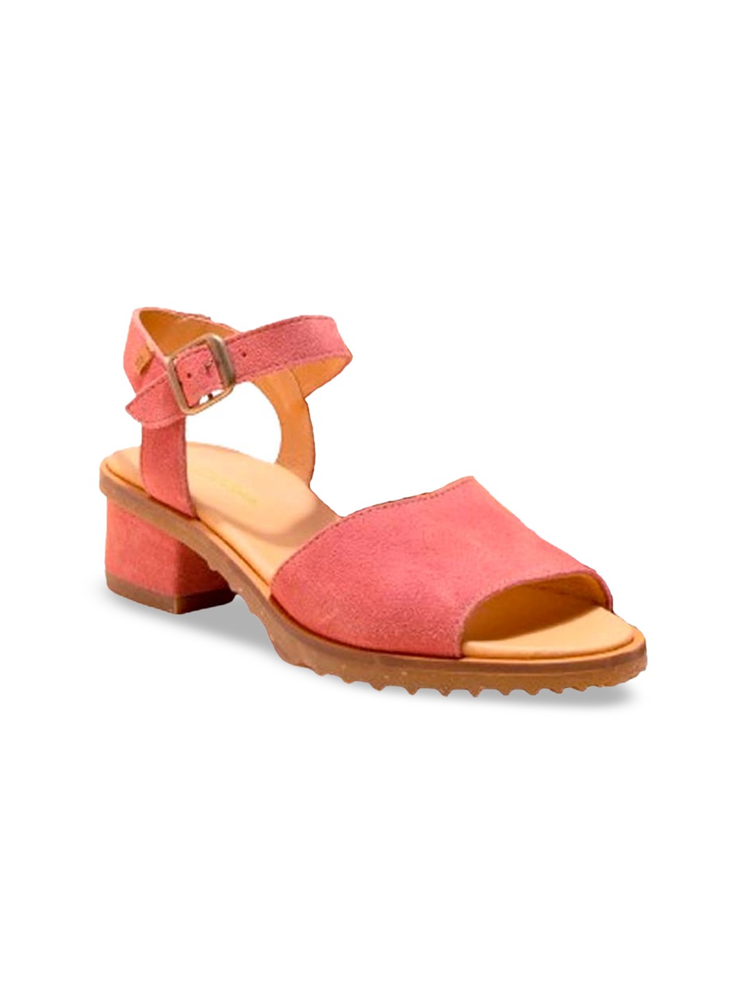 

El Naturalista Open Toe Leather Block Heels, Coral