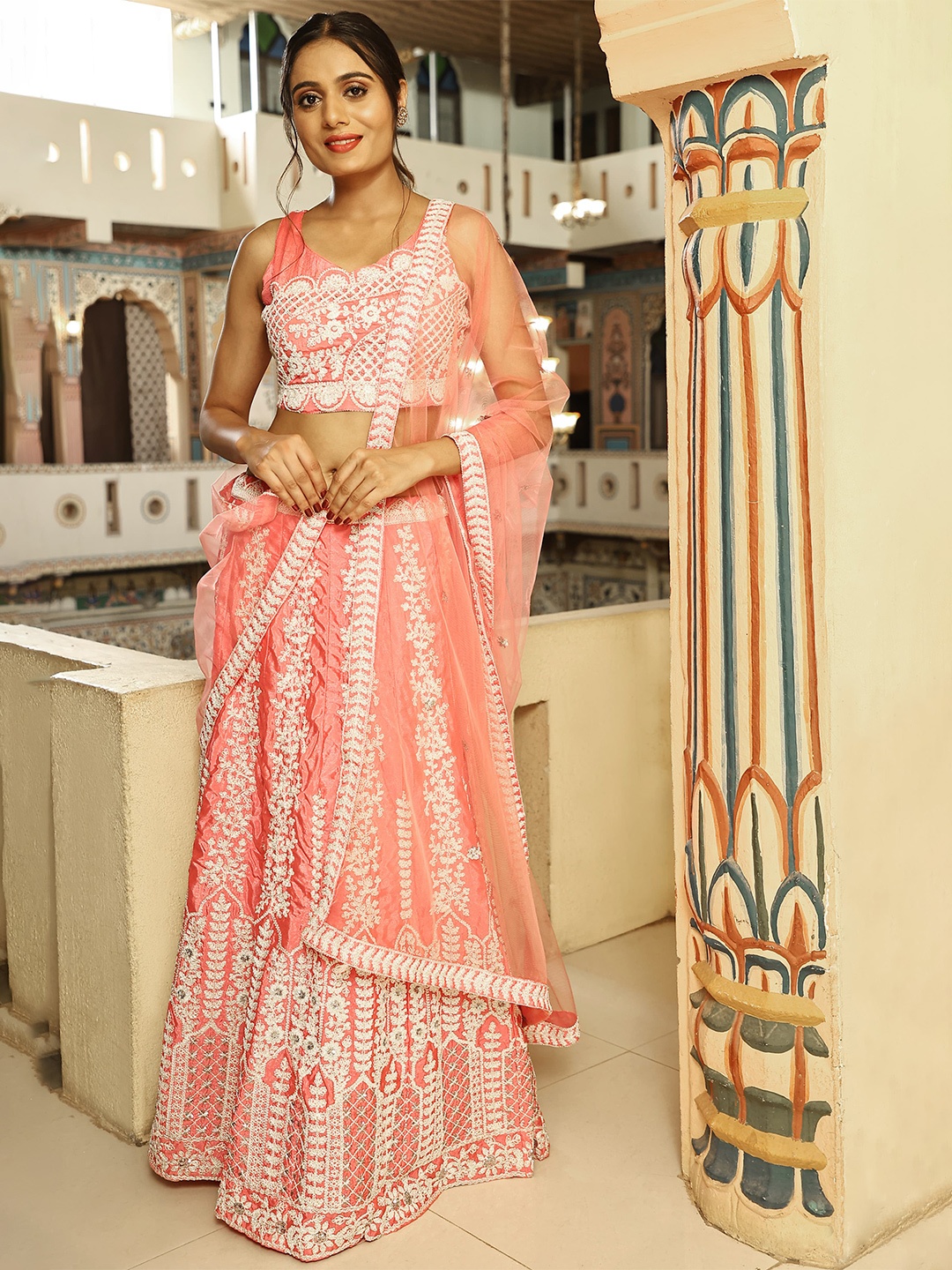 

Rujave Floral Embroidered Semi-Stitched Lehenga & Unstitched Blouse With Dupatta, Pink