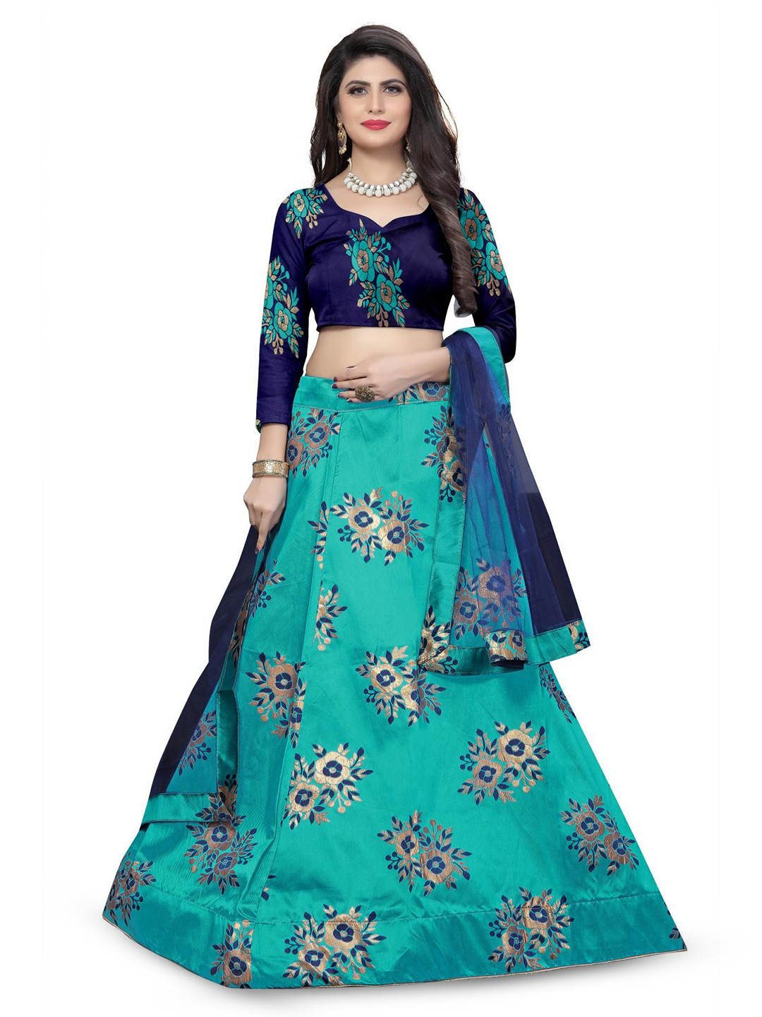 

Rujave Floral Woven Design Semi-Stitched Lehenga & Unstitched Blouse With Dupatta, Sea green