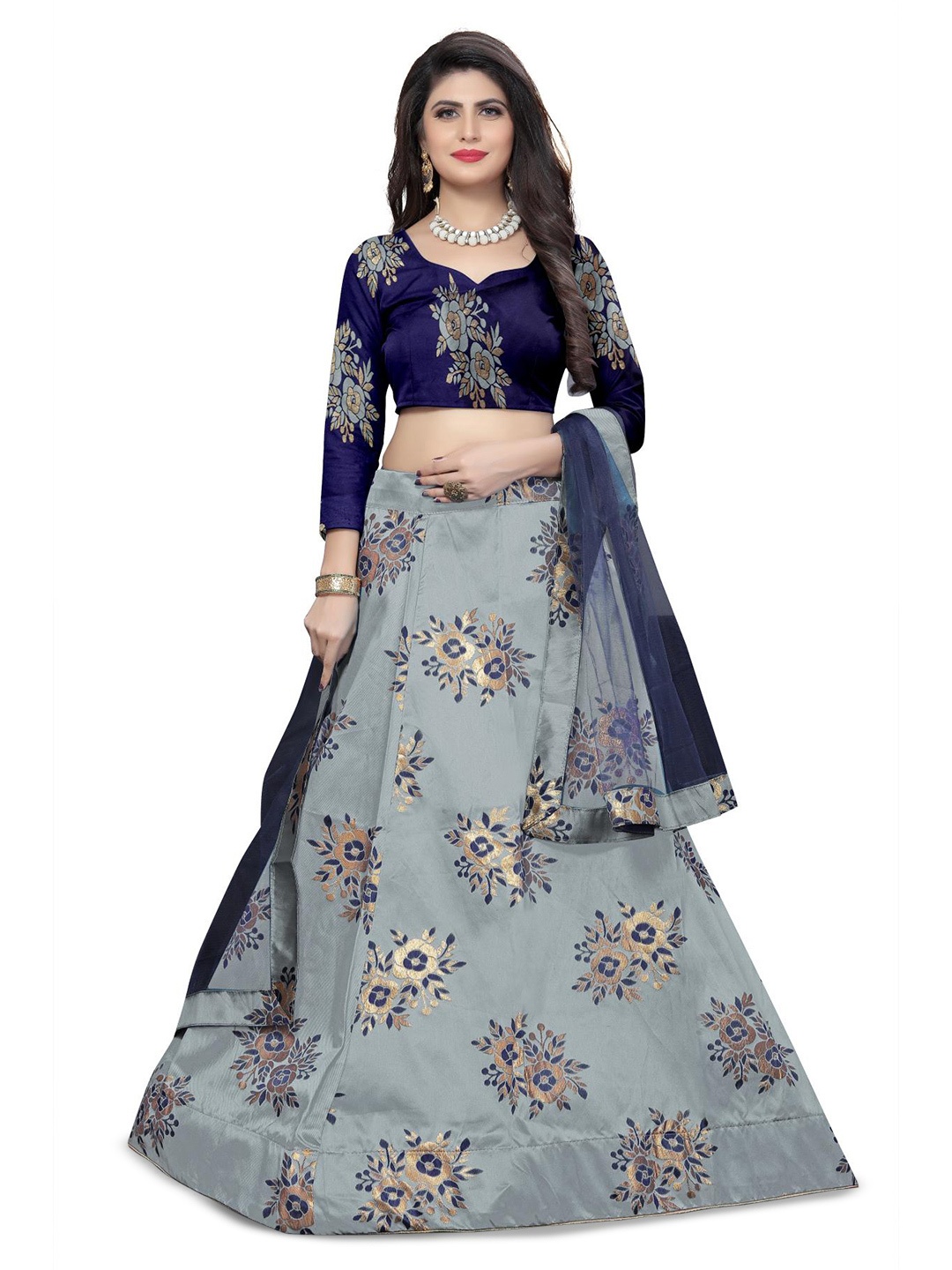 

Rujave Woven Design Zari Semi-Stitched Lehenga & Unstitched Blouse With Dupatta, Grey