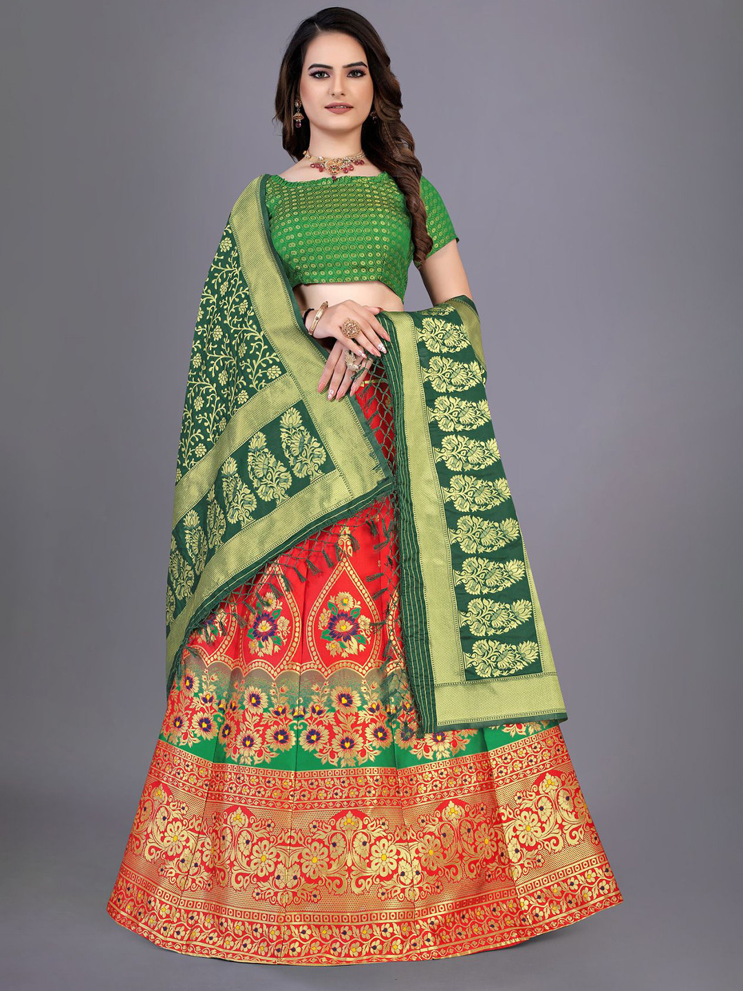 

Rujave Woven Design Semi-Stitched Lehenga & Unstitched Blouse With Dupatta, Green
