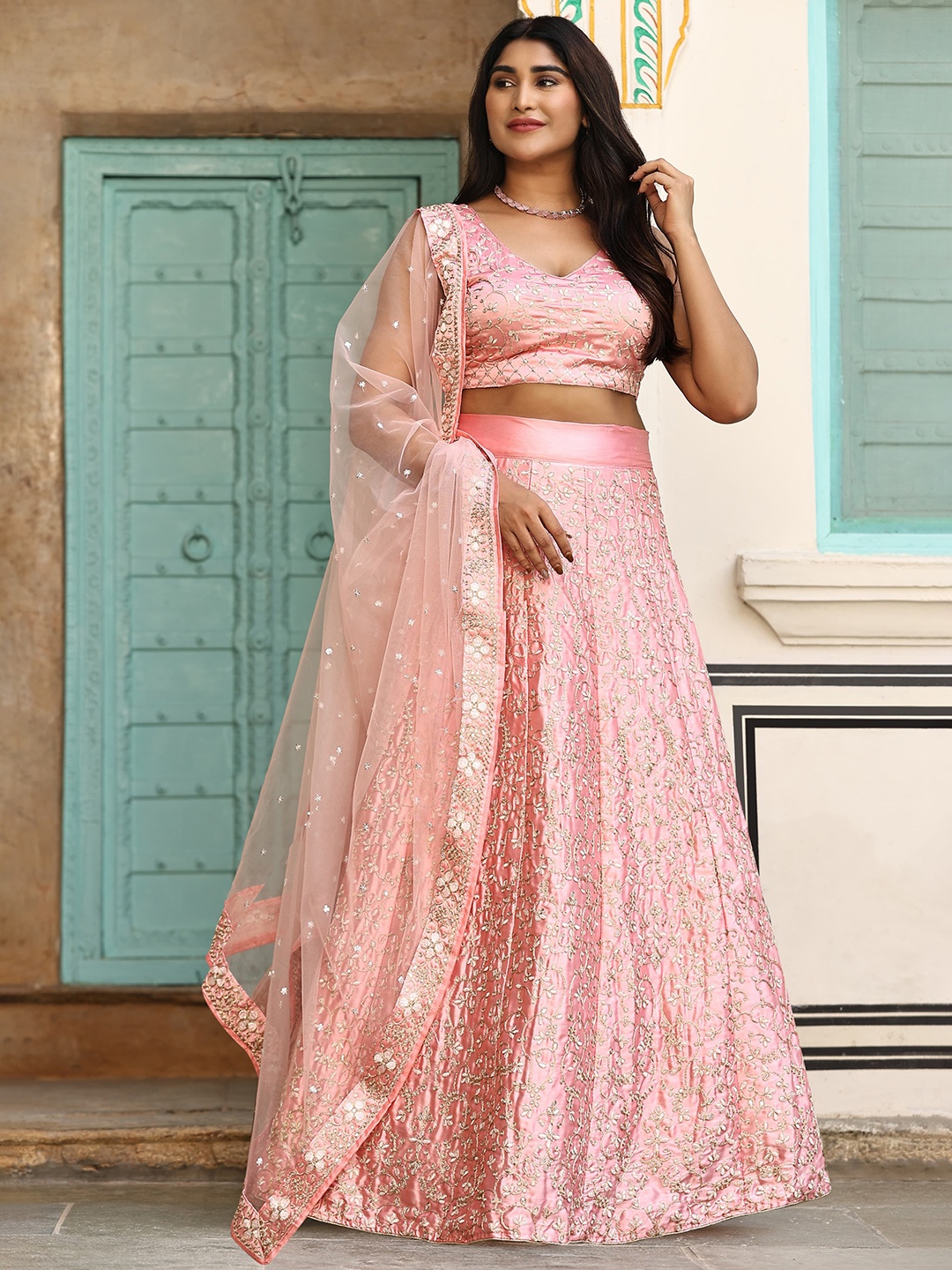 

Rujave Embellished Thread Work Semi-Stitched Lehenga & Unstitched Blouse With Dupatta, Peach