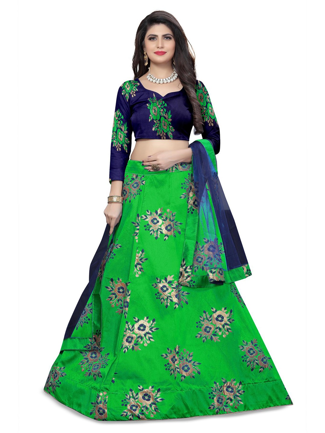 

Rujave Woven Design Semi-Stitched Lehenga & Unstitched Blouse With Dupatta, Green
