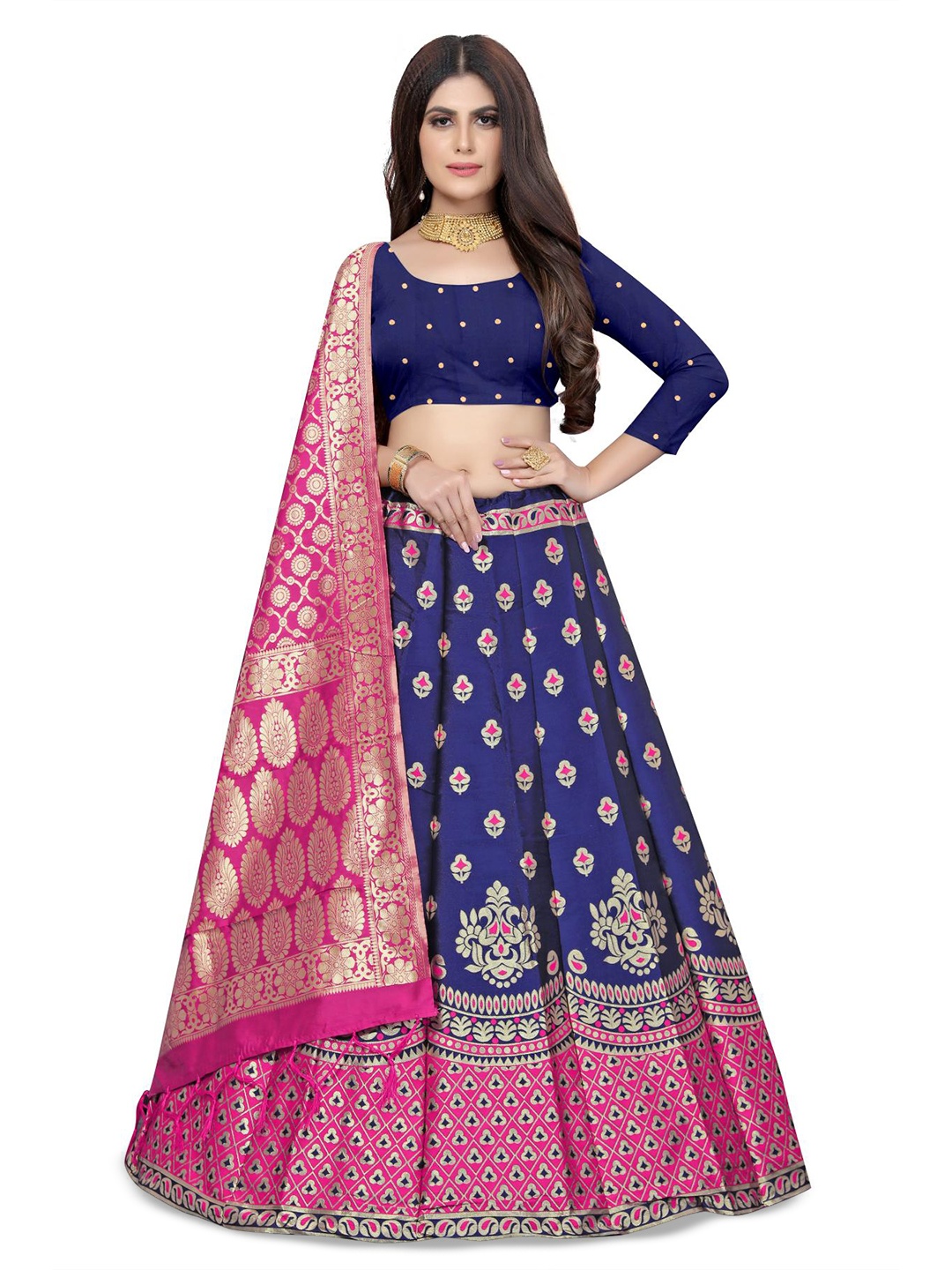 

Rujave Woven Design Semi-Stitched Lehenga & Unstitched Blouse With Dupatta, Pink