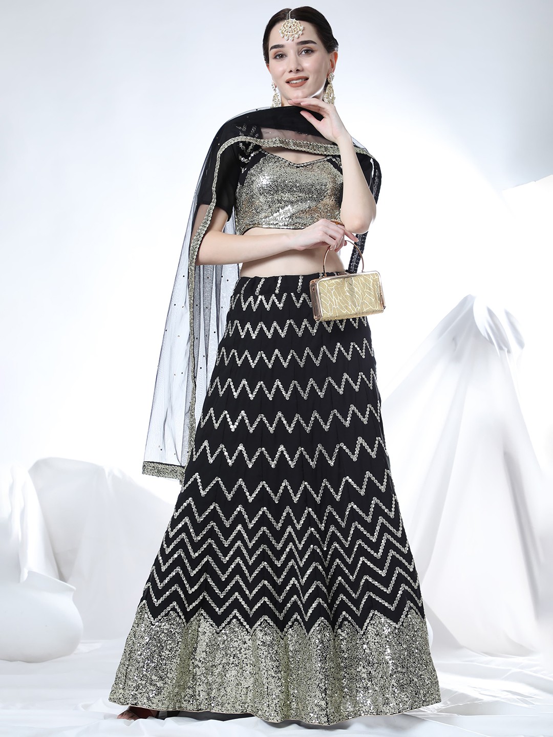 

Rujave Embellished Thread Work Semi-Stitched Lehenga & Unstitched Blouse With Dupatta, Black