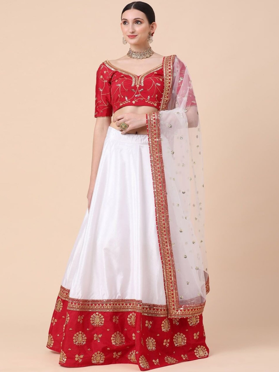 

Rujave Embellished Thread Work Semi-Stitched Lehenga & Unstitched Blouse With Dupatta, White
