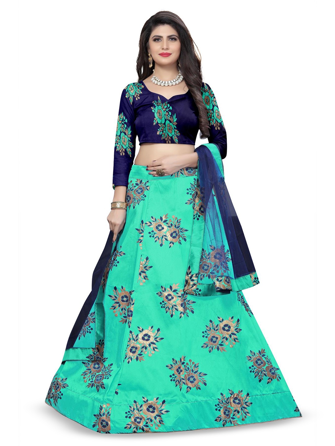 

Rujave Woven Design Semi-Stitched Lehenga & Unstitched Blouse With Dupatta, Sea green