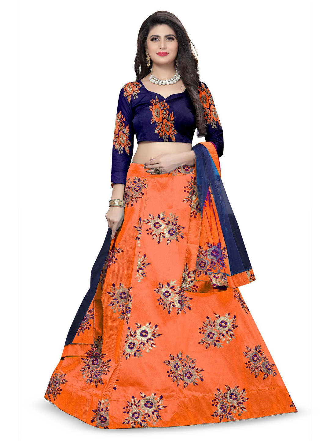 

Rujave Woven Design Zari Semi-Stitched Lehenga & Unstitched Blouse With Dupatta, Orange
