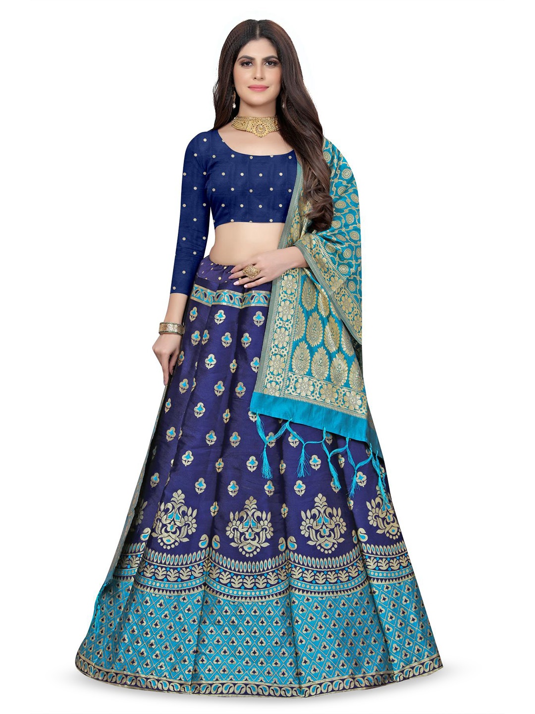 

Rujave Woven Design Zari Semi-Stitched Lehenga & Unstitched Blouse With Dupatta, Blue