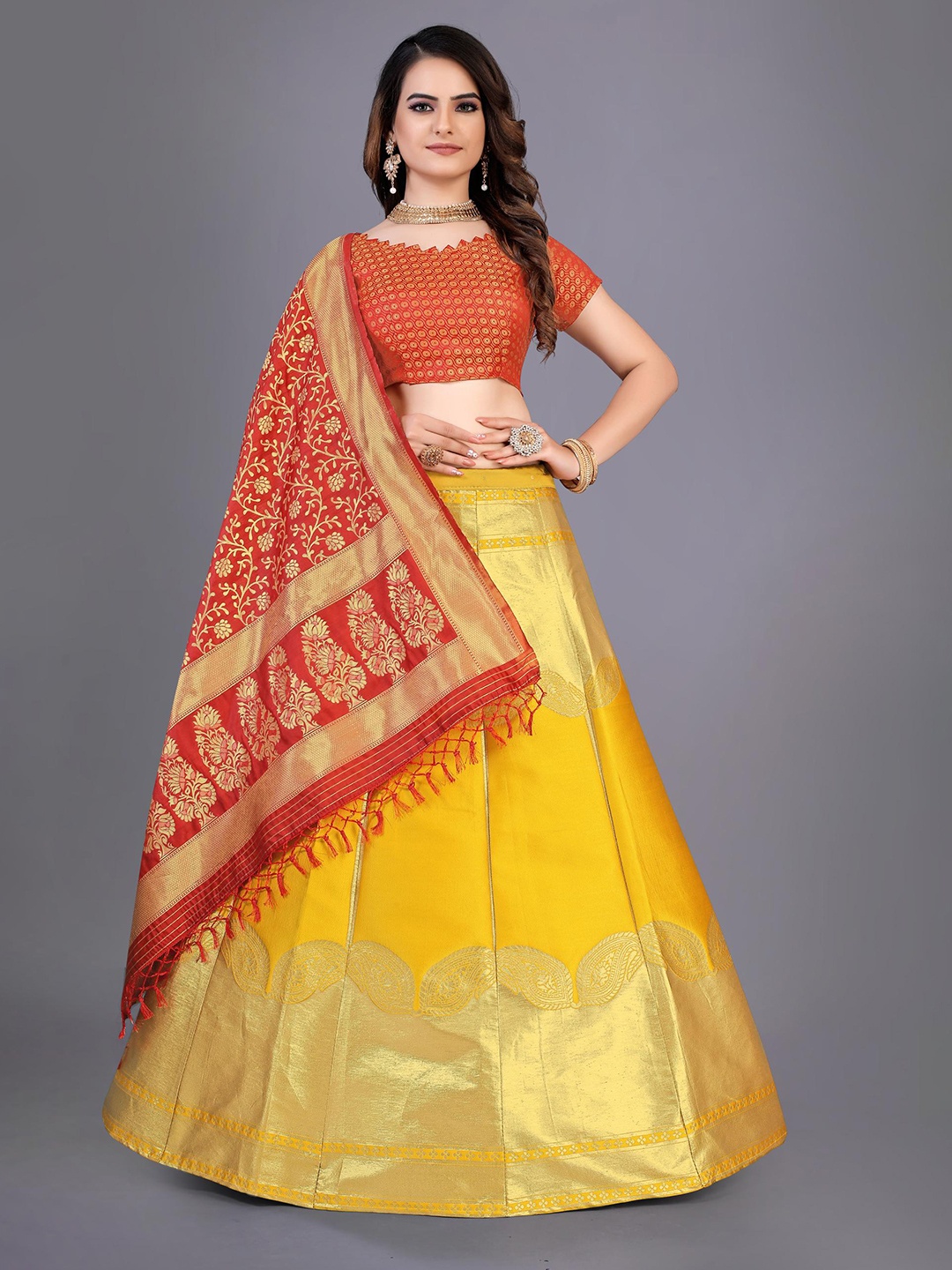 

Rujave Woven Design Zari Semi-Stitched Lehenga & Unstitched Blouse With Dupatta, Yellow