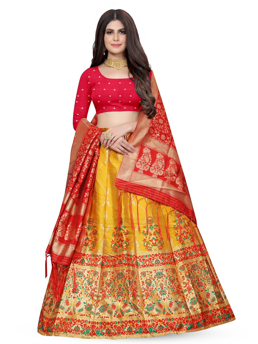 

Rujave Ethnic Motifs Woven Design Semi-Stitched Lehenga & Unstitched Blouse With Dupatta, Gold