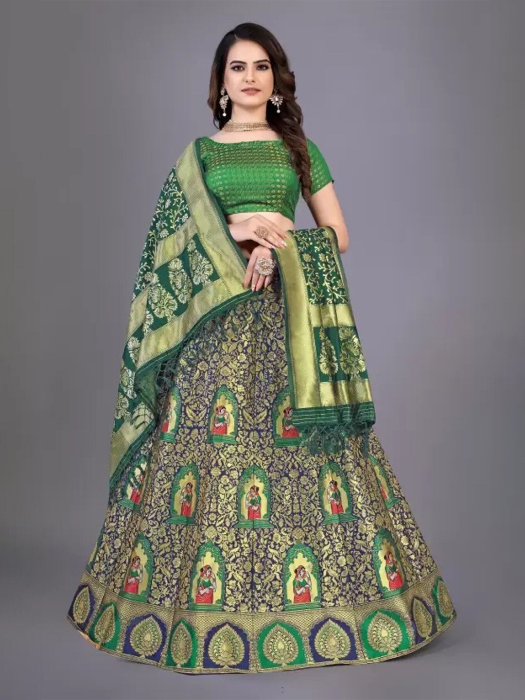 

Rujave Woven Design Semi-Stitched Lehenga & Unstitched Blouse With Dupatta, Green