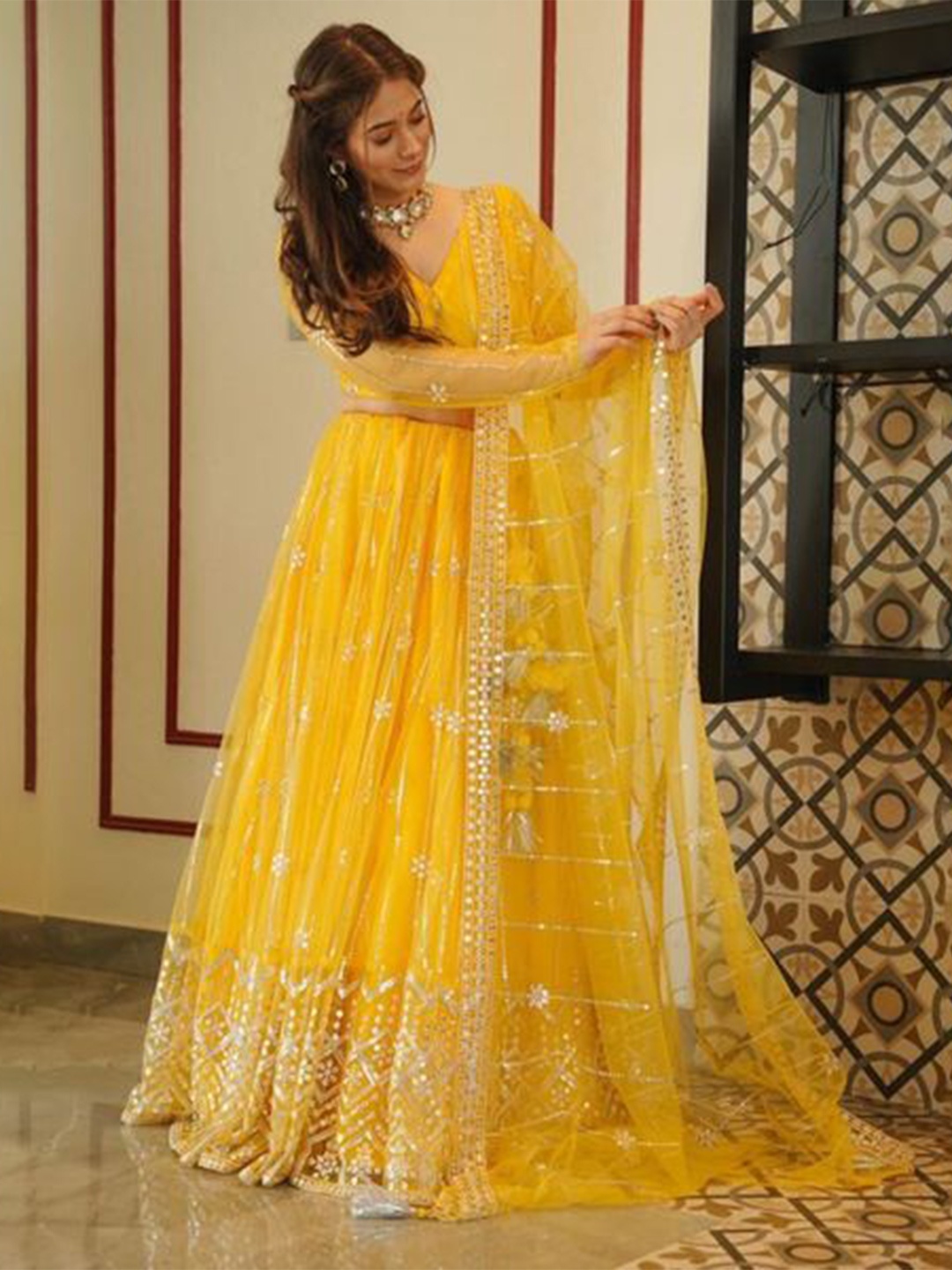 

Rujave Embellished Thread Work Semi-Stitched Lehenga & Unstitched Blouse With Dupatta, Yellow