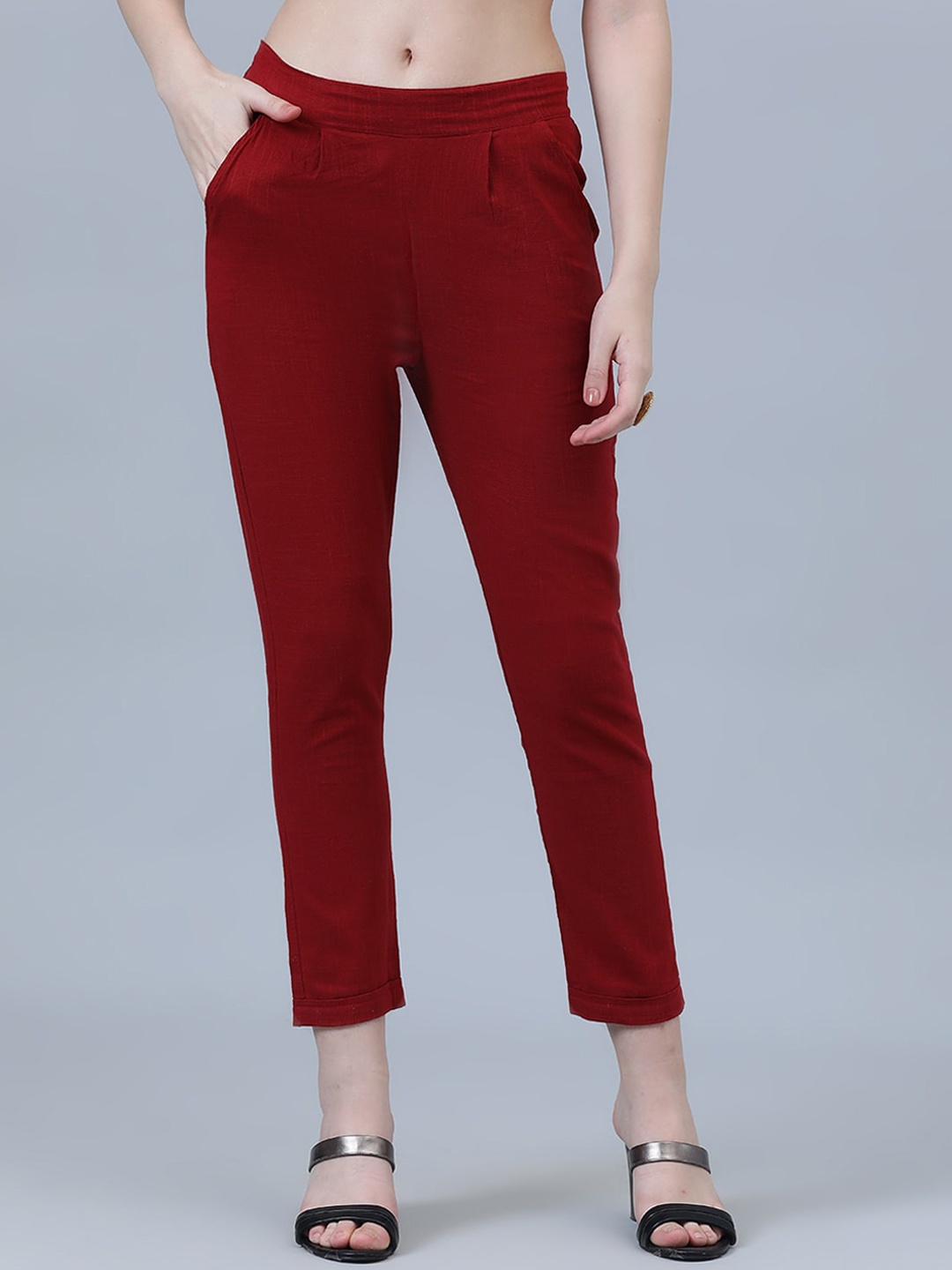 

SHOOLIN Women Relaxed Straight Leg Mid-Rise Cotton Trousers, Maroon