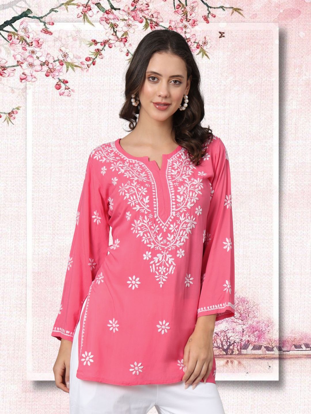 

PARAMOUNT CHIKAN Women Embroidered Lucknowi Chikankari Modal Kurti, Coral