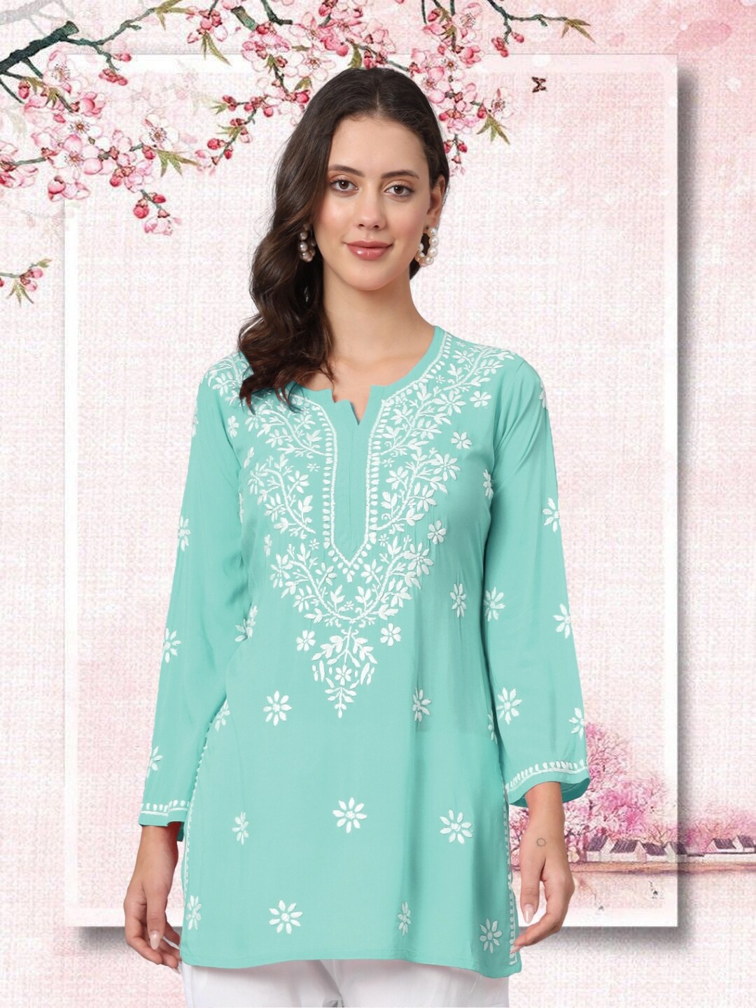

PARAMOUNT CHIKAN Women Embroidered Lucknowi Chikankari Modal Kurti, Sea green