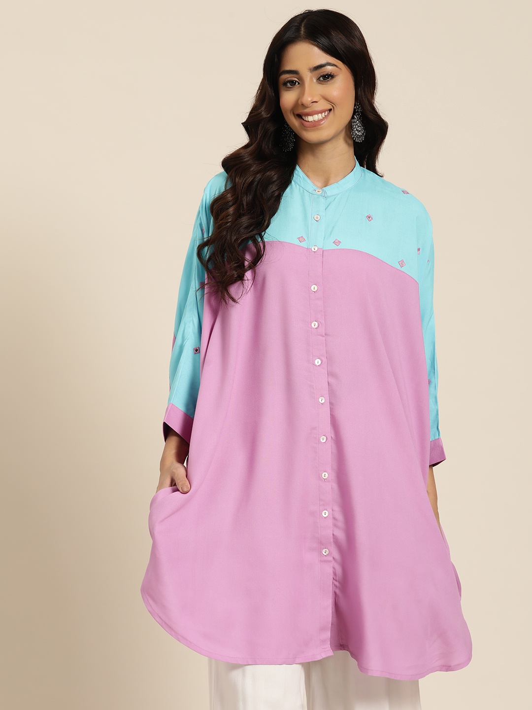 

HERE&NOW Women Colourblocked Mirror Work Kaftan Kurta, Multi