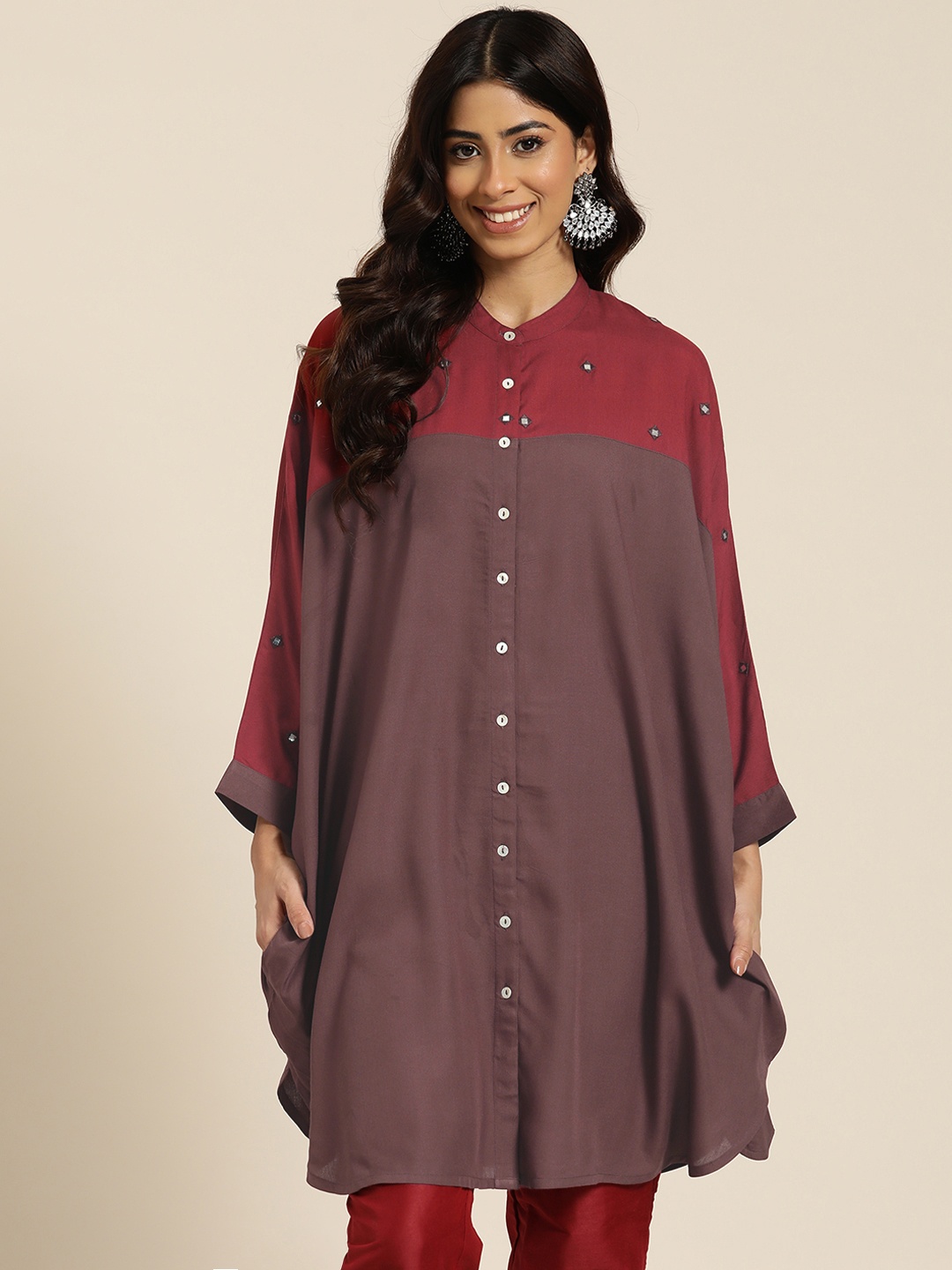 

HERE&NOW Women Colourblocked Mirror Work Kaftan Kurta, Multi