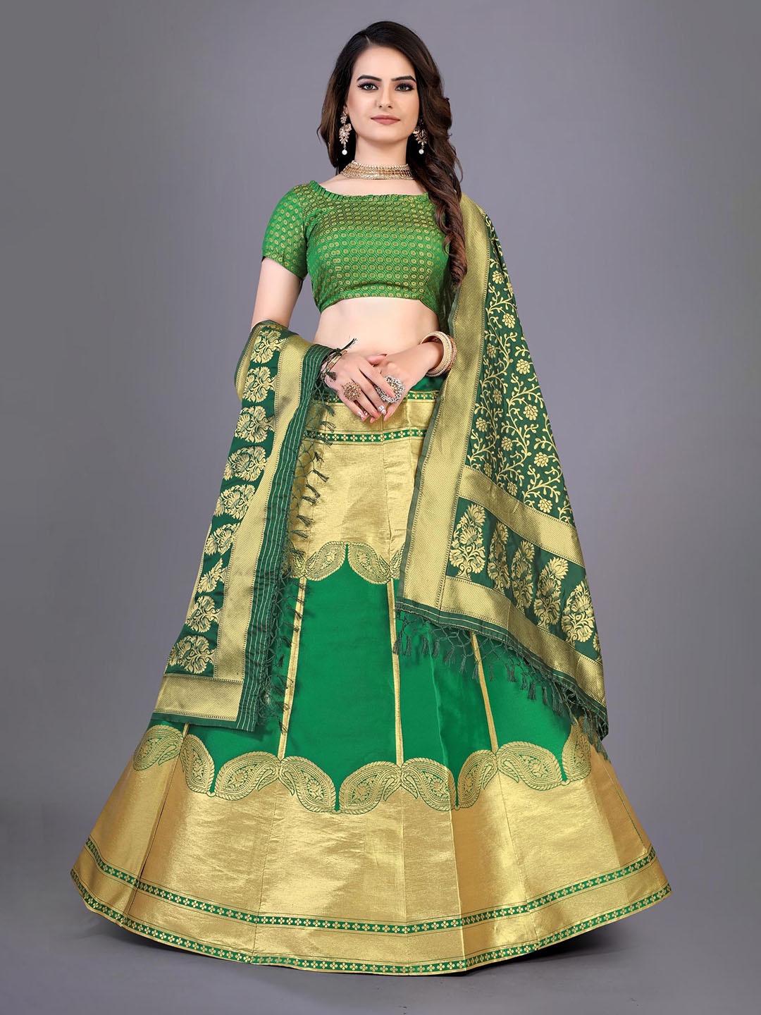 

Rujave Woven Design Semi-Stitched Lehenga & Unstitched Blouse With Dupatta, Green