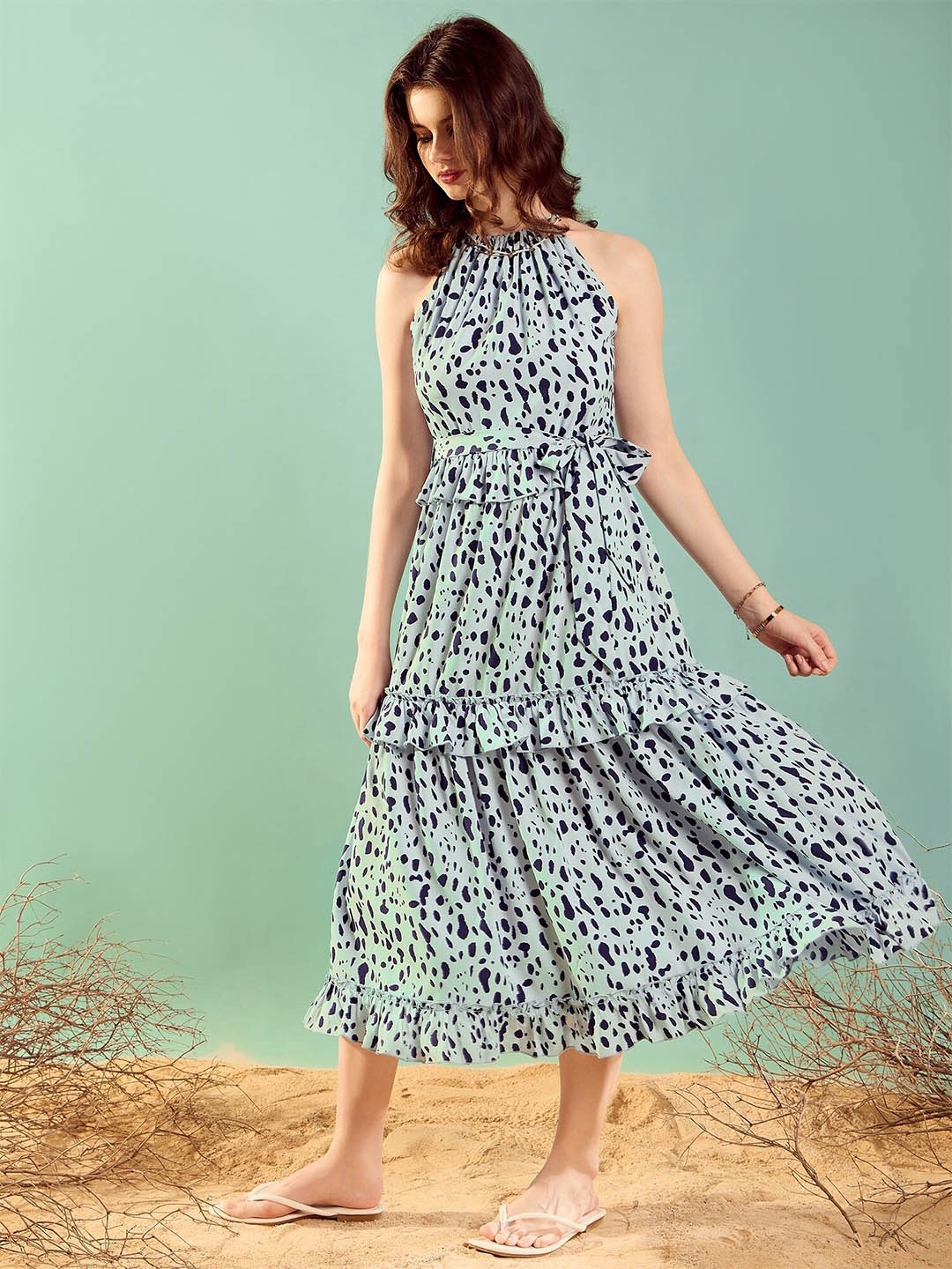 

KASSUALLY Floral Printed Halter Neck Sleeveless Ruffled Crepe Fit & Flare Midi Dress, Blue