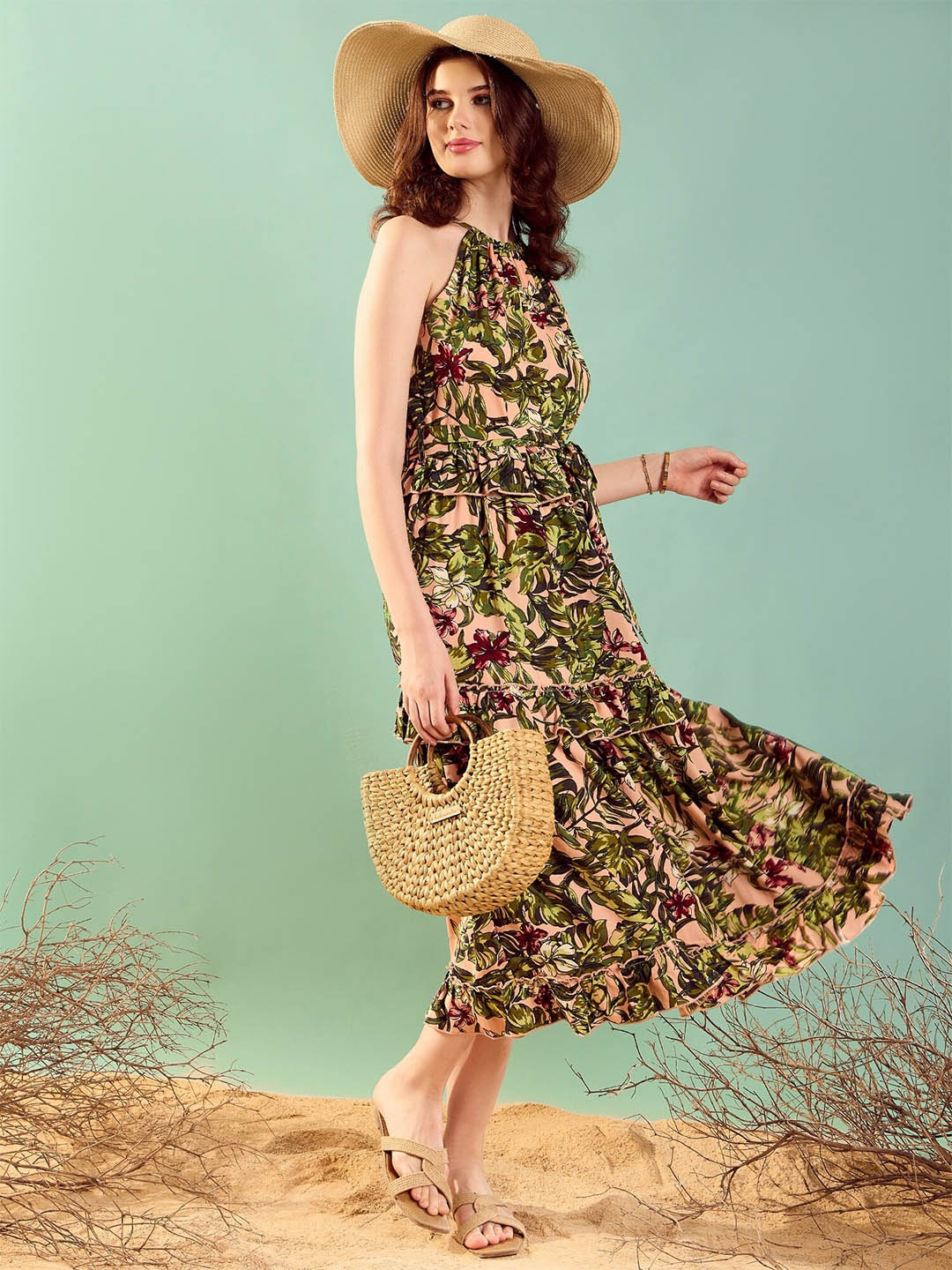 

KASSUALLY Floral Printed Halter Neck Ruffled Crepe Maxi Dress, Green