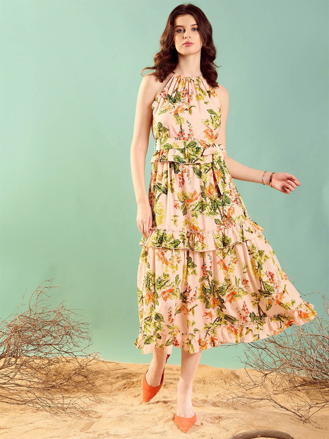 

KASSUALLY Floral Printed Halter Neck Ruffled Crepe Maxi Dress, Peach