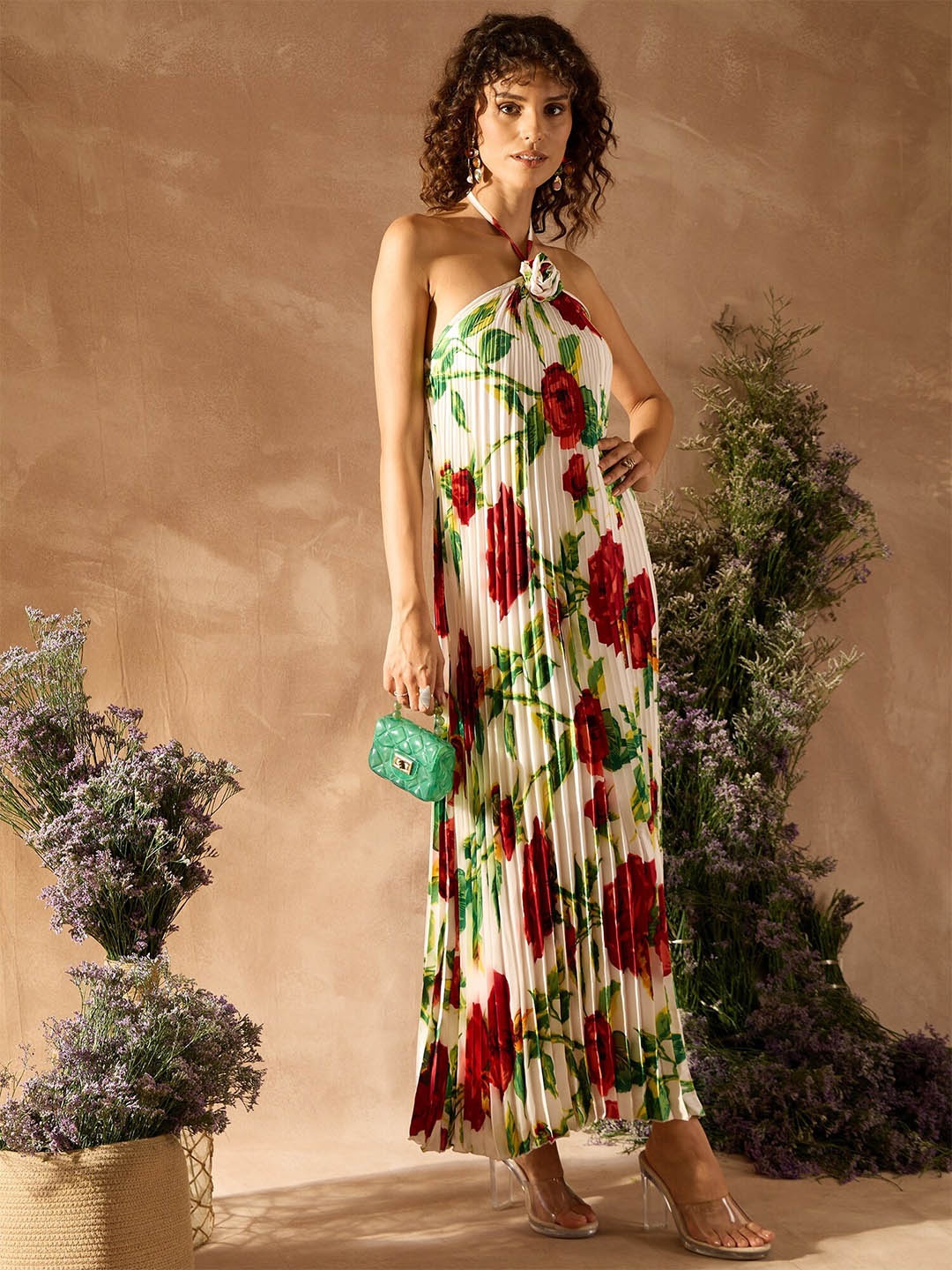 

KASSUALLY Floral Printed Halter Neck Sleeveless Satin Maxi Dress, White