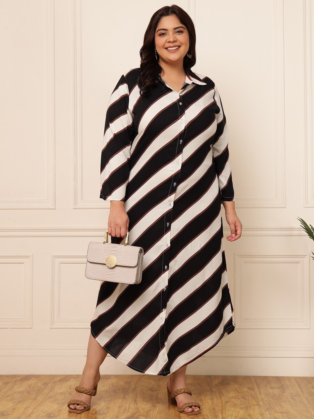 

DEEBACO Plus Size Striped Shirt Midi Casual Dress, Black
