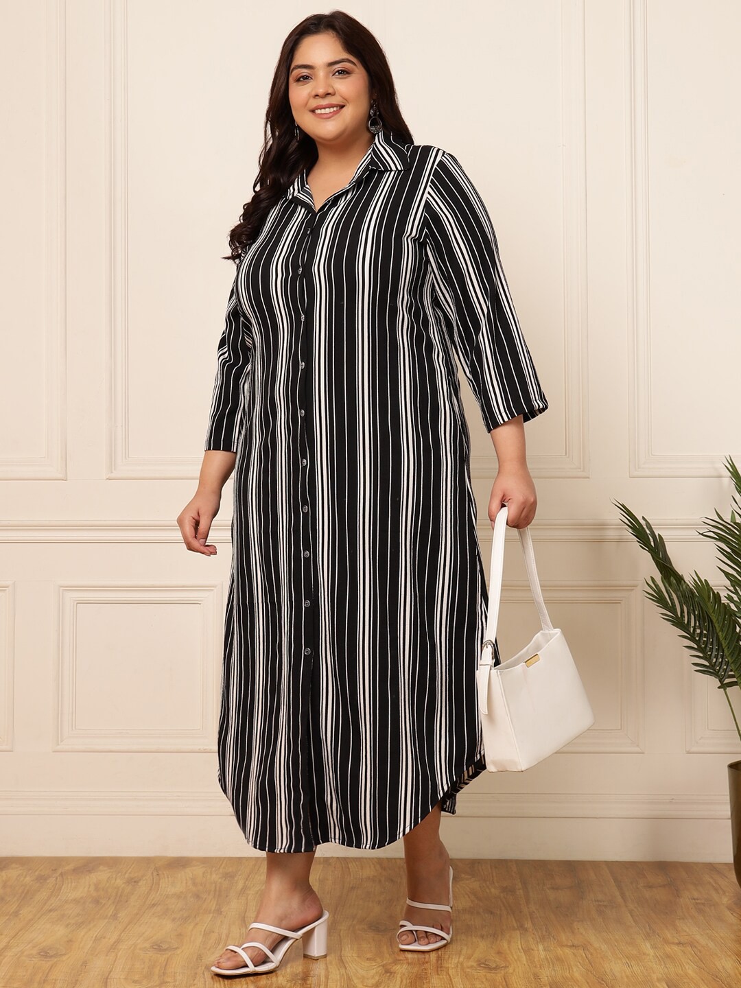 

DEEBACO Plus Size Striped Shirt Midi Casual Dress, Black