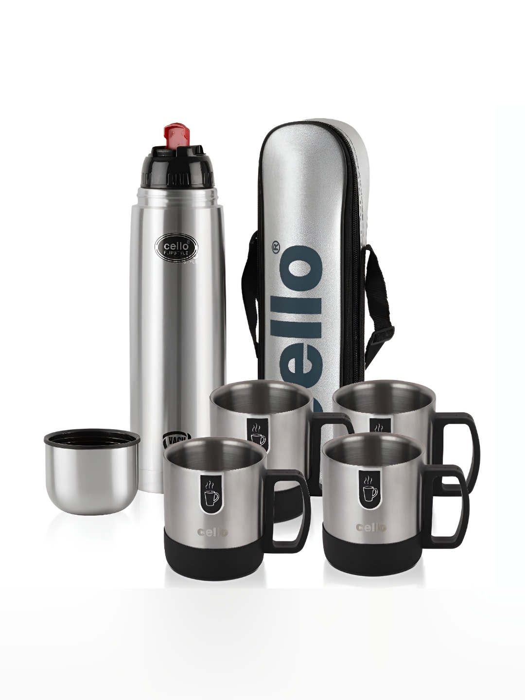

Cello Imperial SilverToned 5 Pieces Vacusteel Flask with Mugs Gift Set, Silver