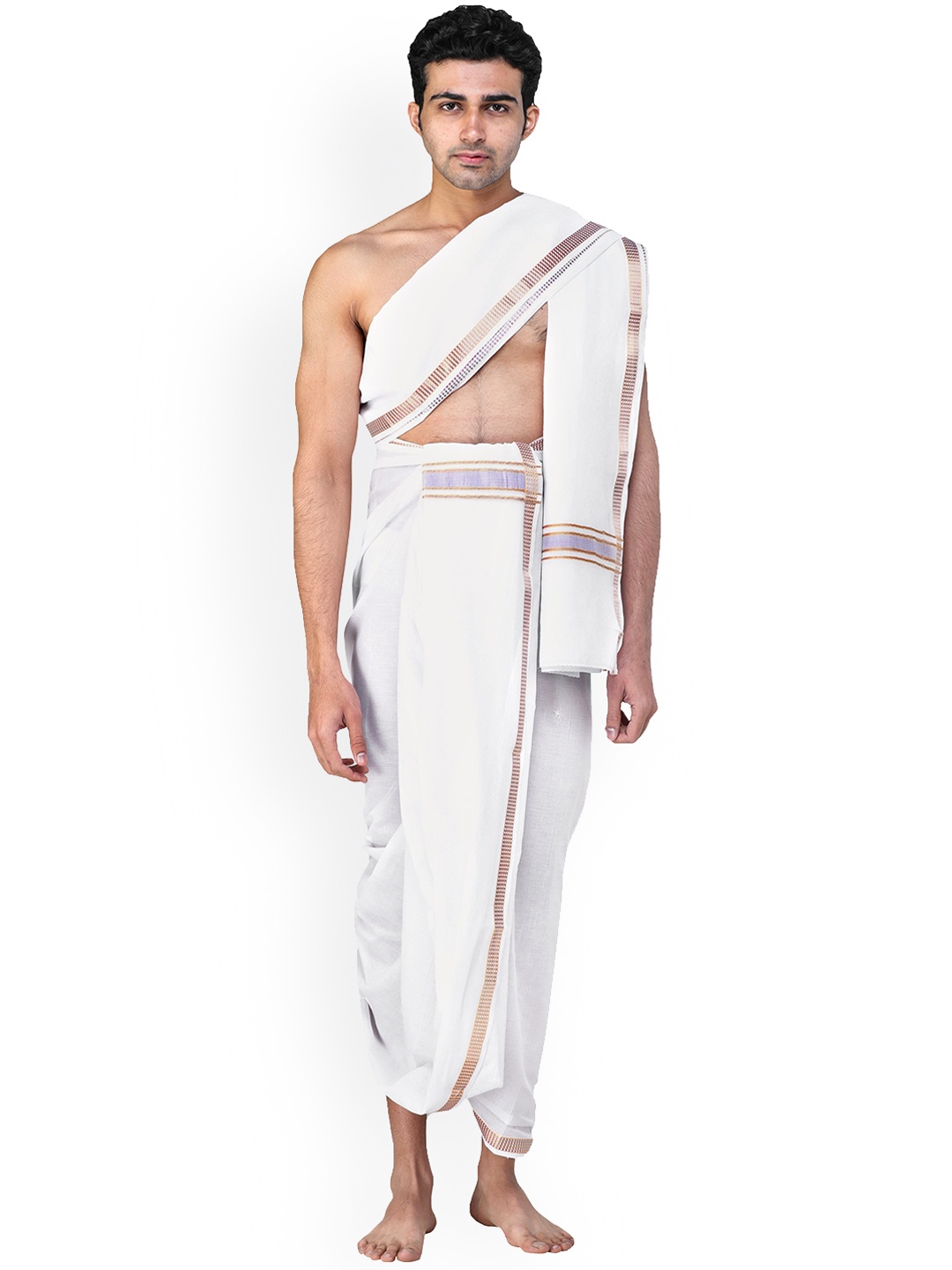 

Exotic India Orchid Pure Cotton Dhoti and Angavastram Set with Woven Border, White