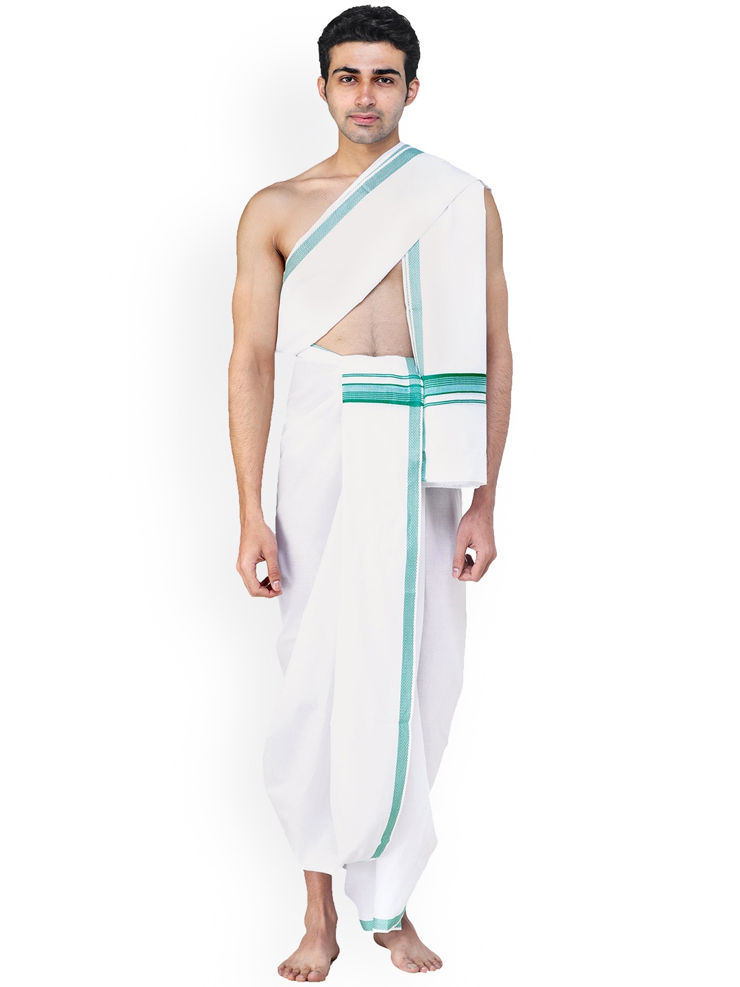 

Exotic India Pure Cotton Dhoti & Angavastram Set with Woven Border, White